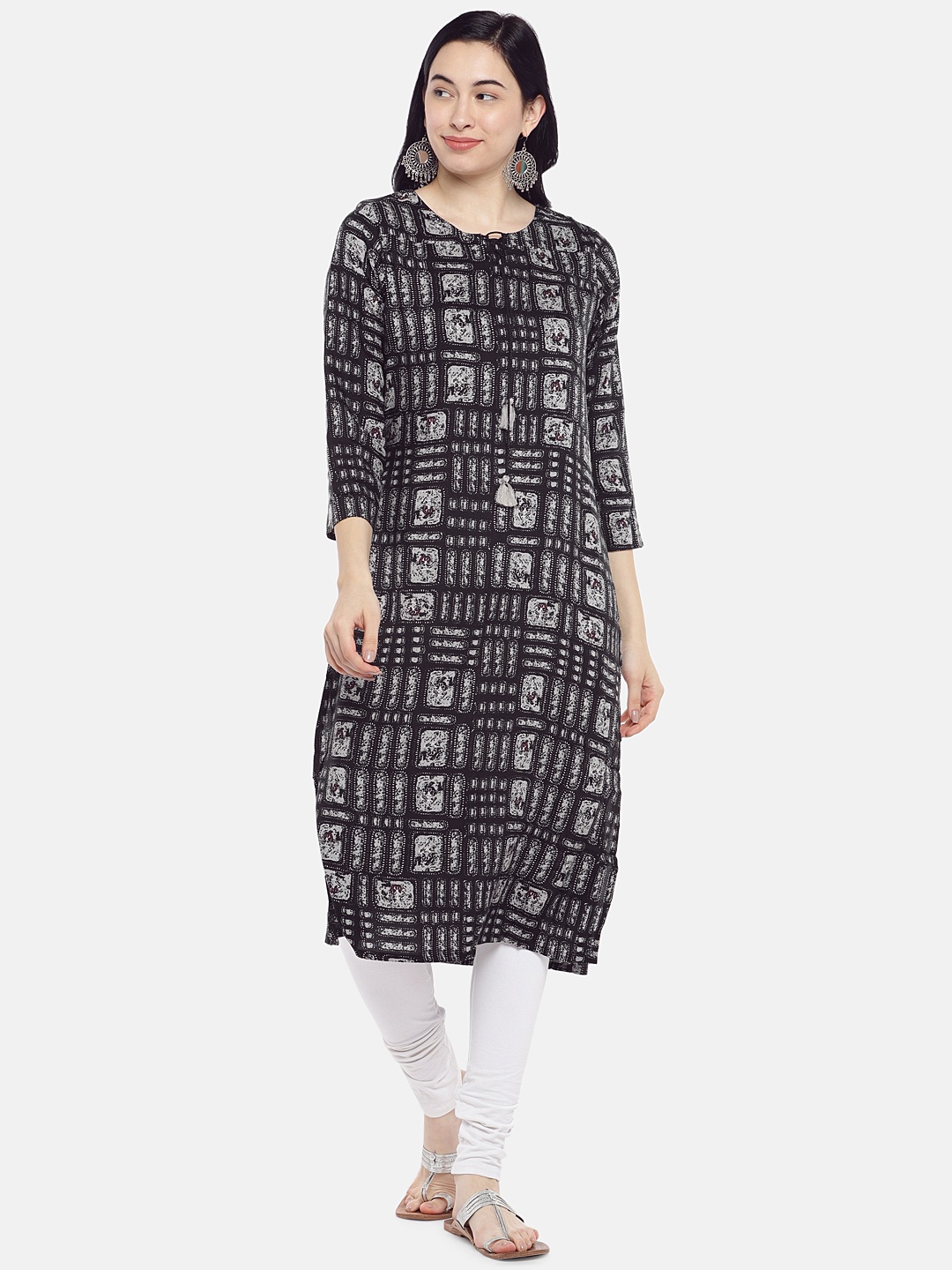 

Global Desi Women Grey & Black Printed Straight Kurta