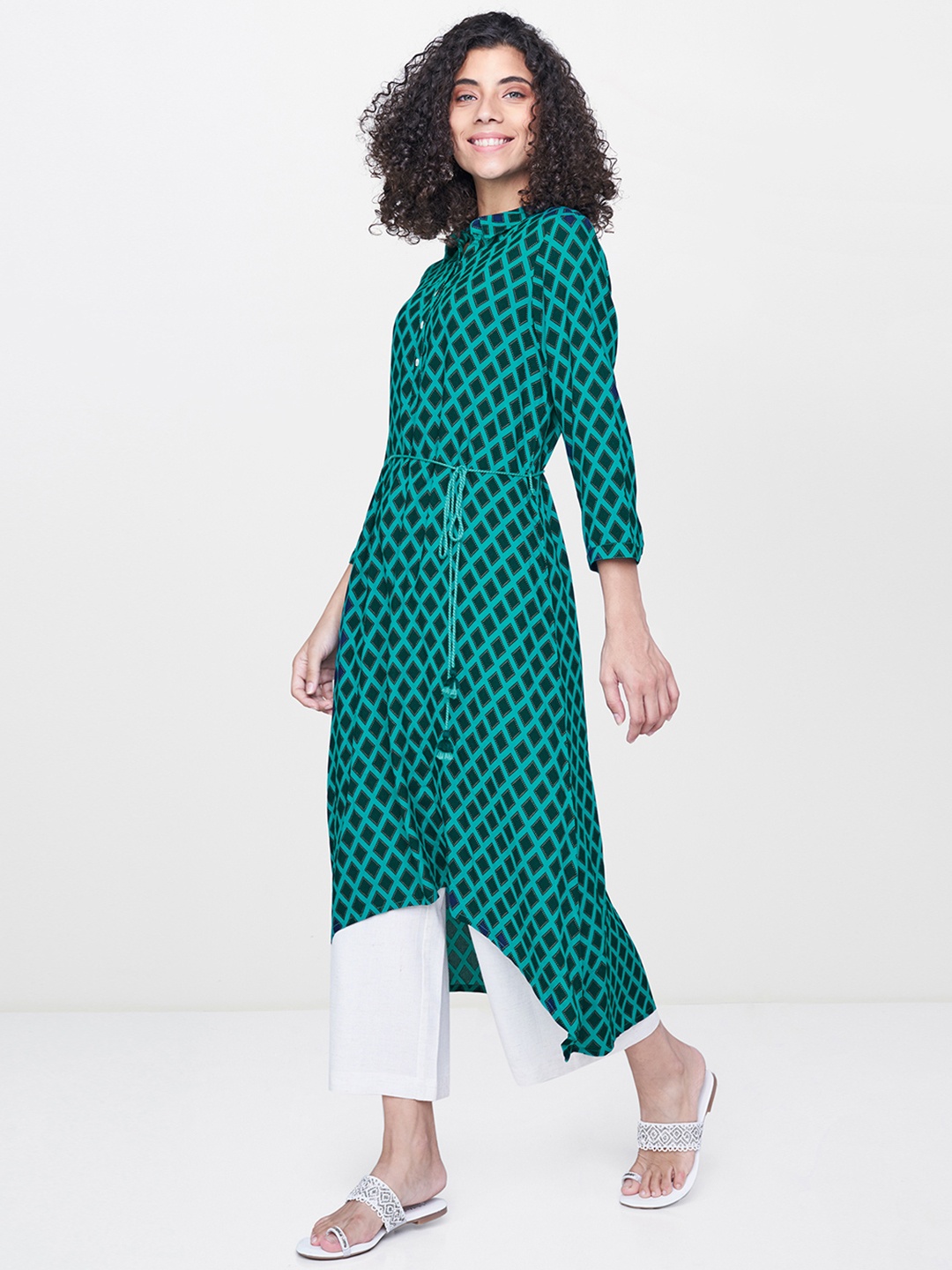 

Global Desi Women Green & Navy Blue Printed A-Line Kurta