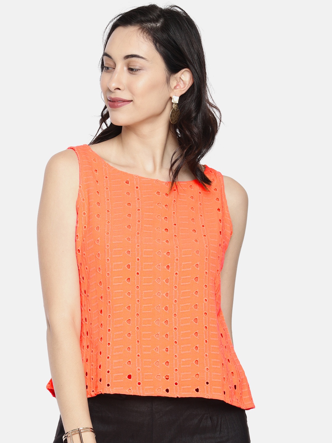 

Global Desi Women Orange Self Design Top
