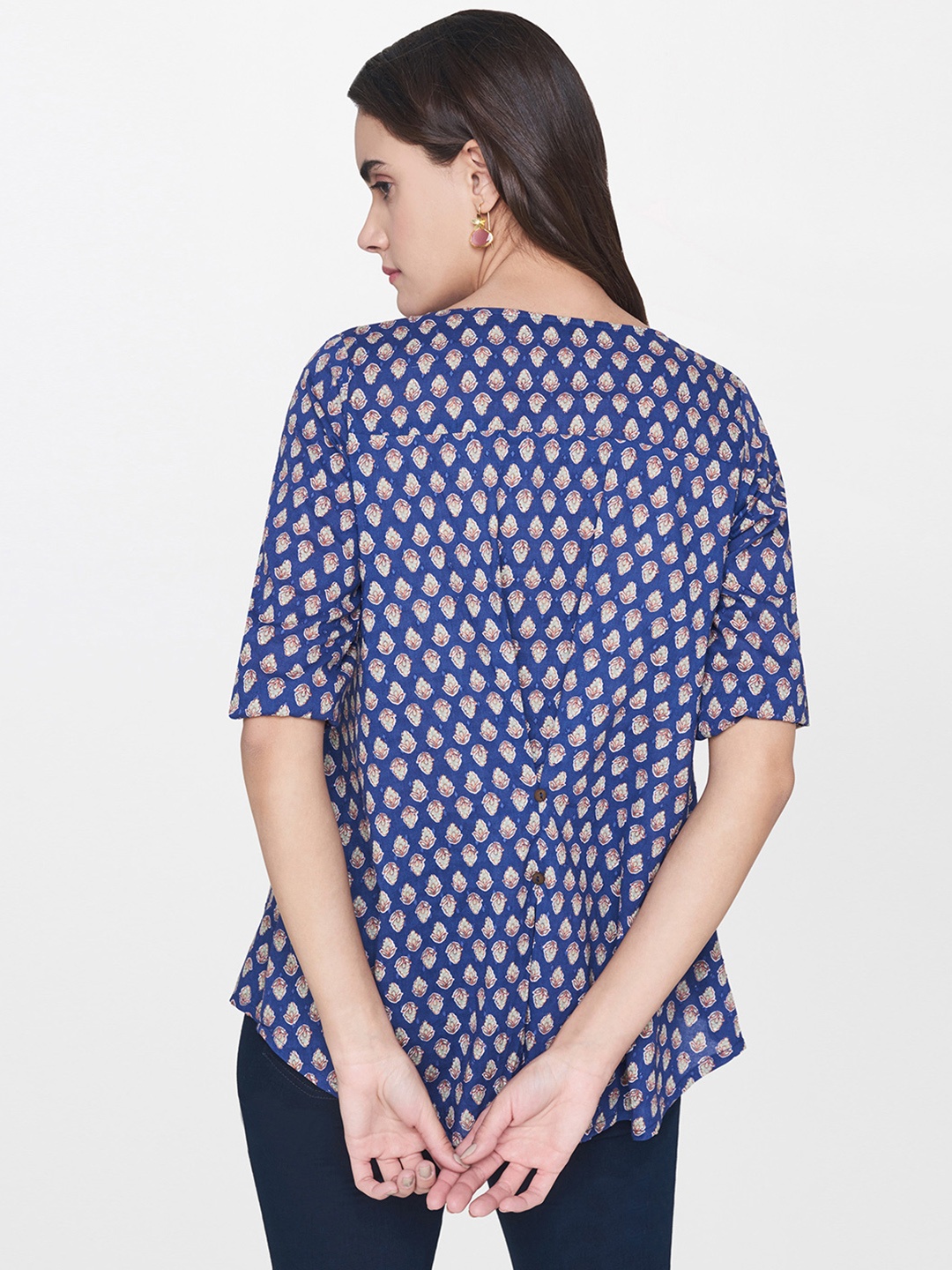 

Global Desi Women Blue Printed A-Line Pure Cotton Top