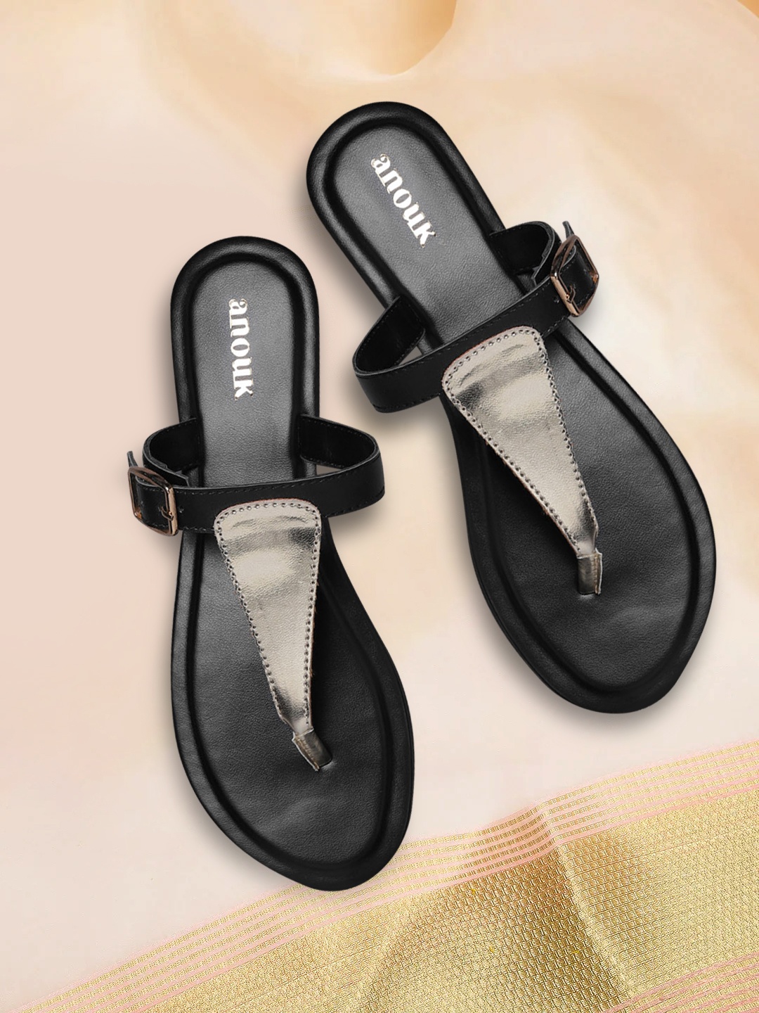 

Anouk Women Gold-Toned & Black Colourblocked T-Strap Flats