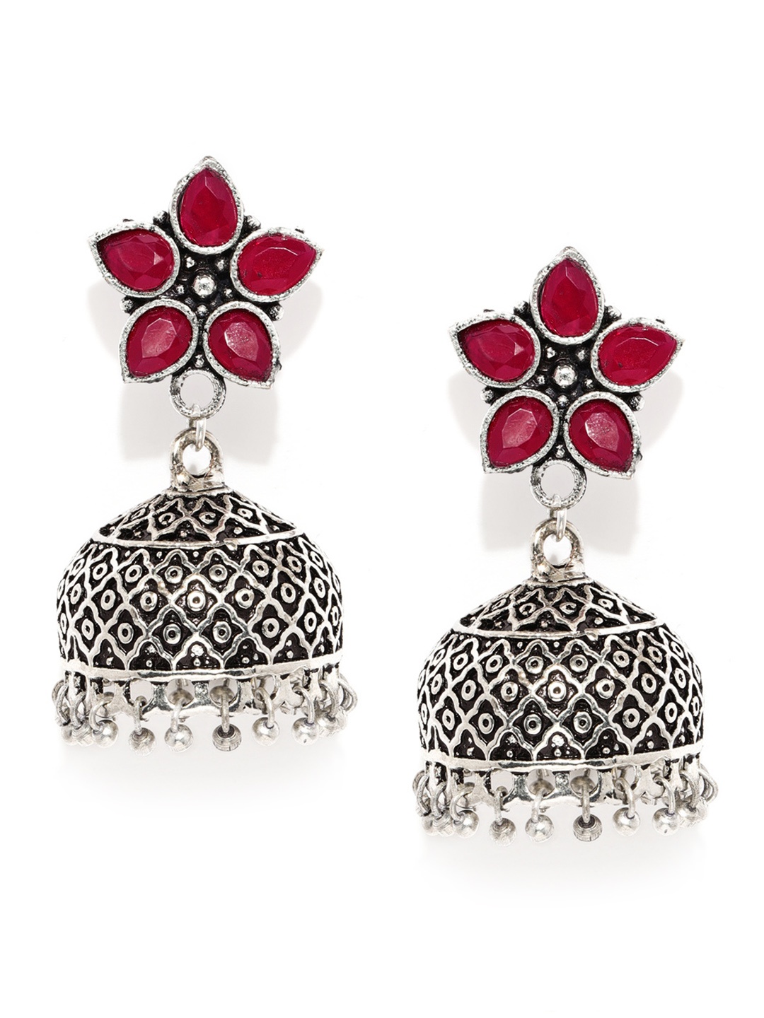 

justpeachy Silver-Toned & Red Dome Shaped Oxidised Jhumkas