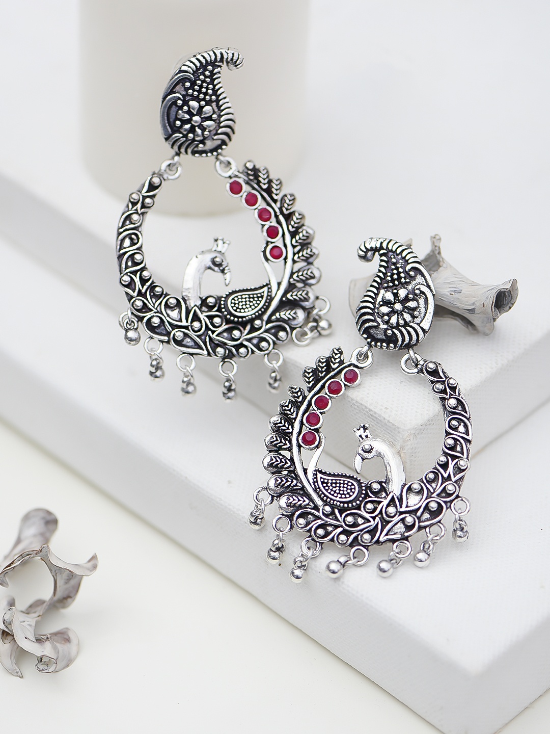 

justpeachy Silver-Toned Peacock Shaped Oxidised Drop Earrings