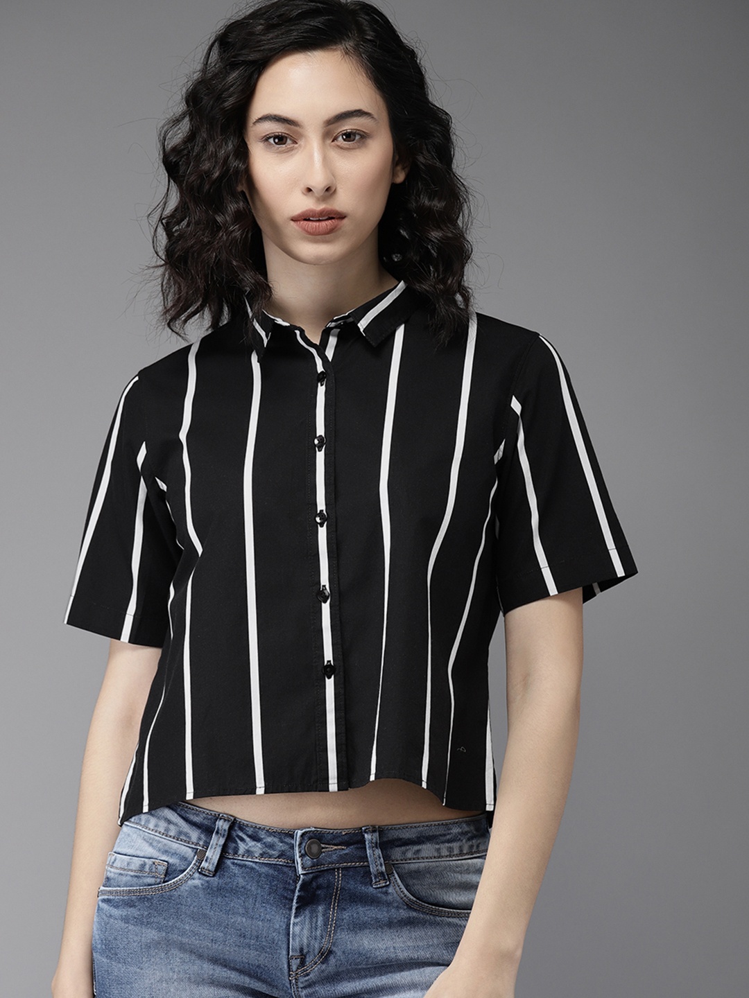 

Moda Rapido Women Black & White Regular Fit Striped Casual Shirt