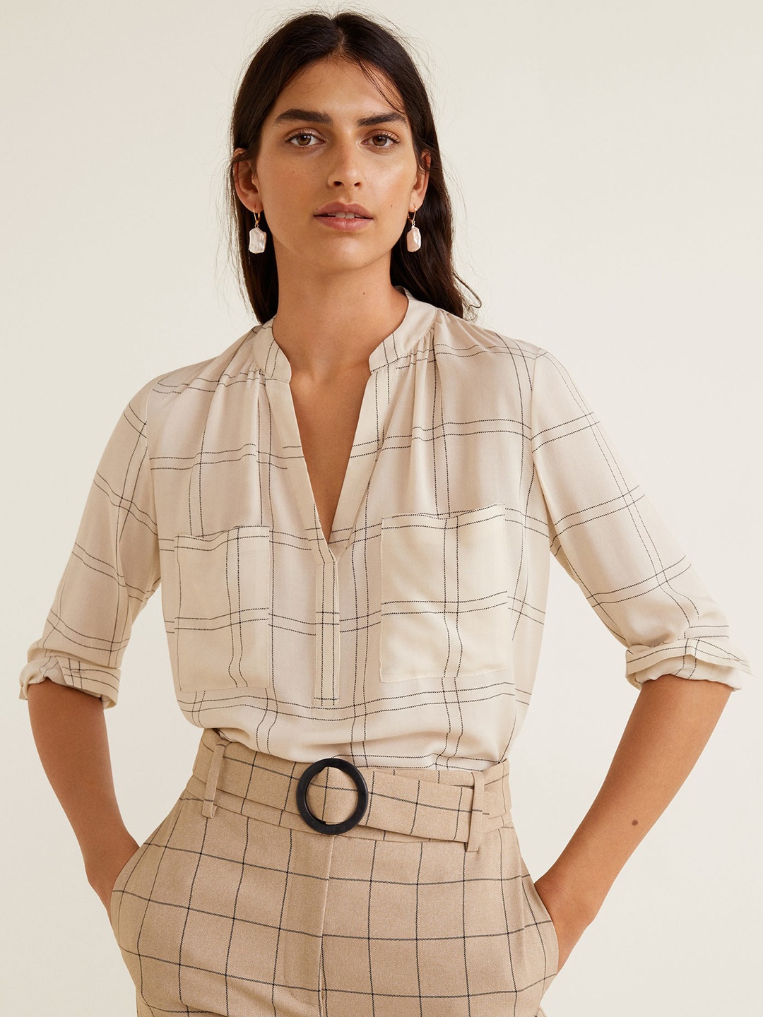

MANGO Women Beige Checked Shirt Style Top