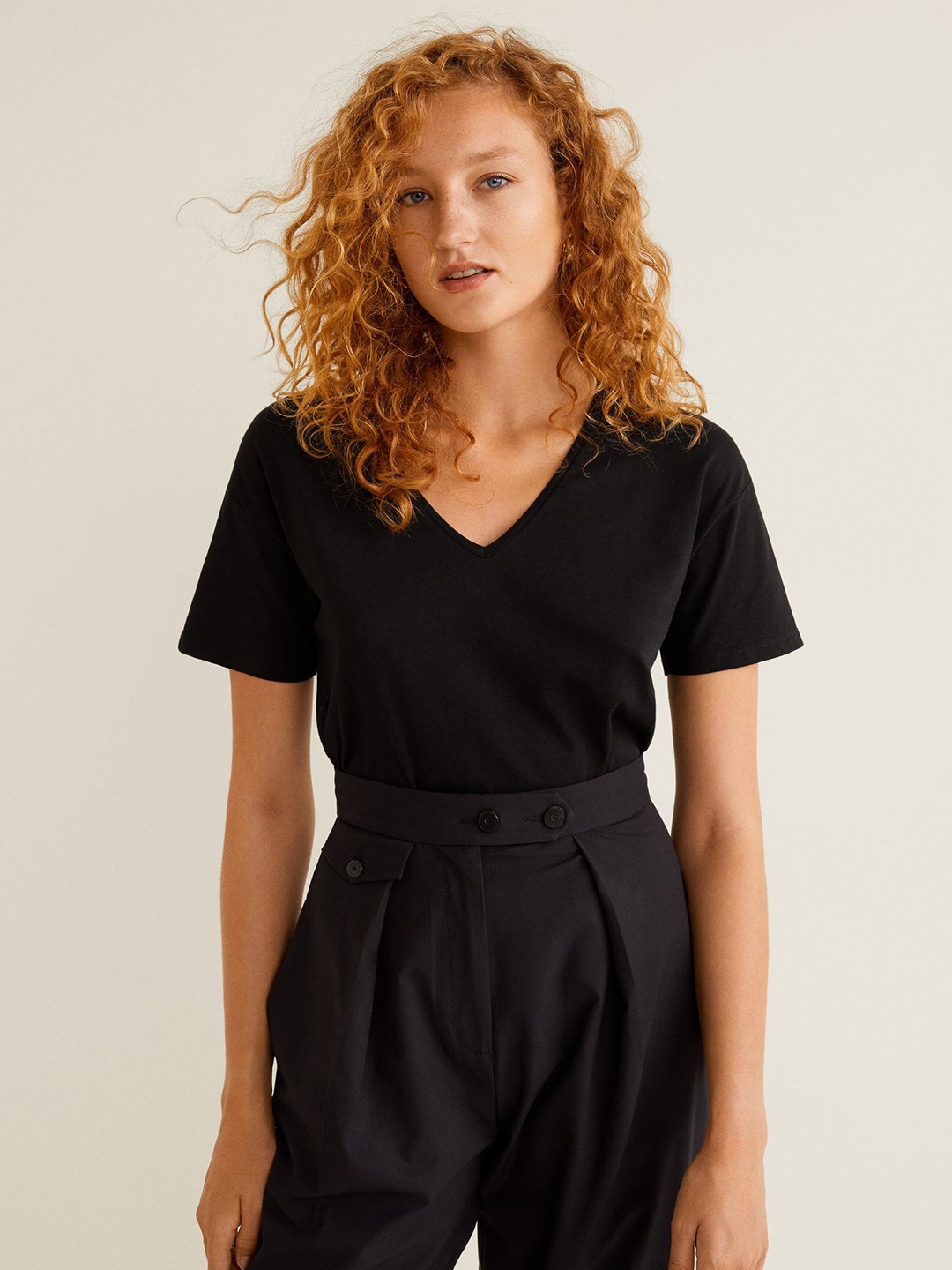 

MANGO Women Black Solid V-Neck Pure Cotton T-shirt