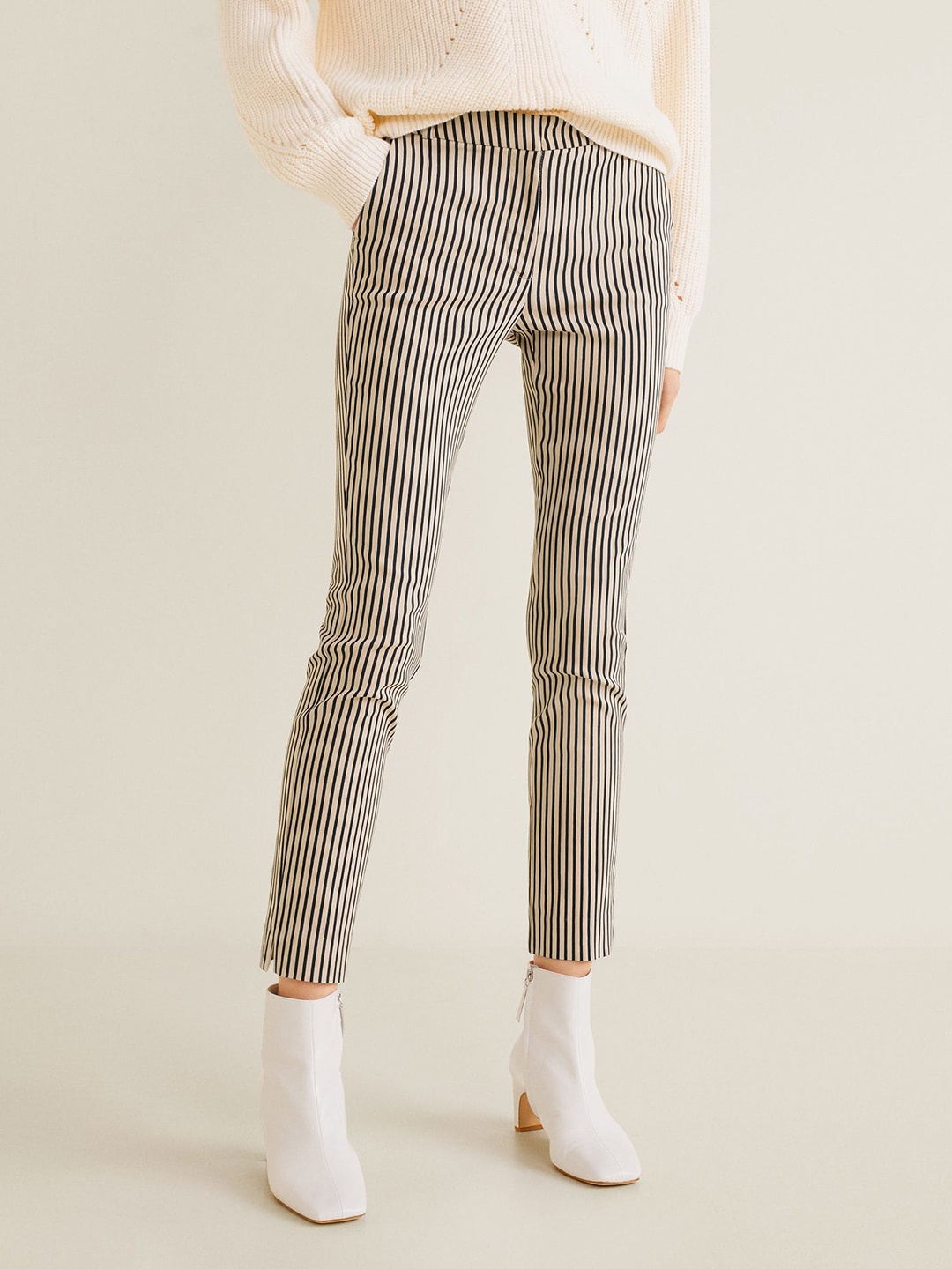 

MANGO Women Beige & Black Skinny Fit Striped Regular Cropped Trousers