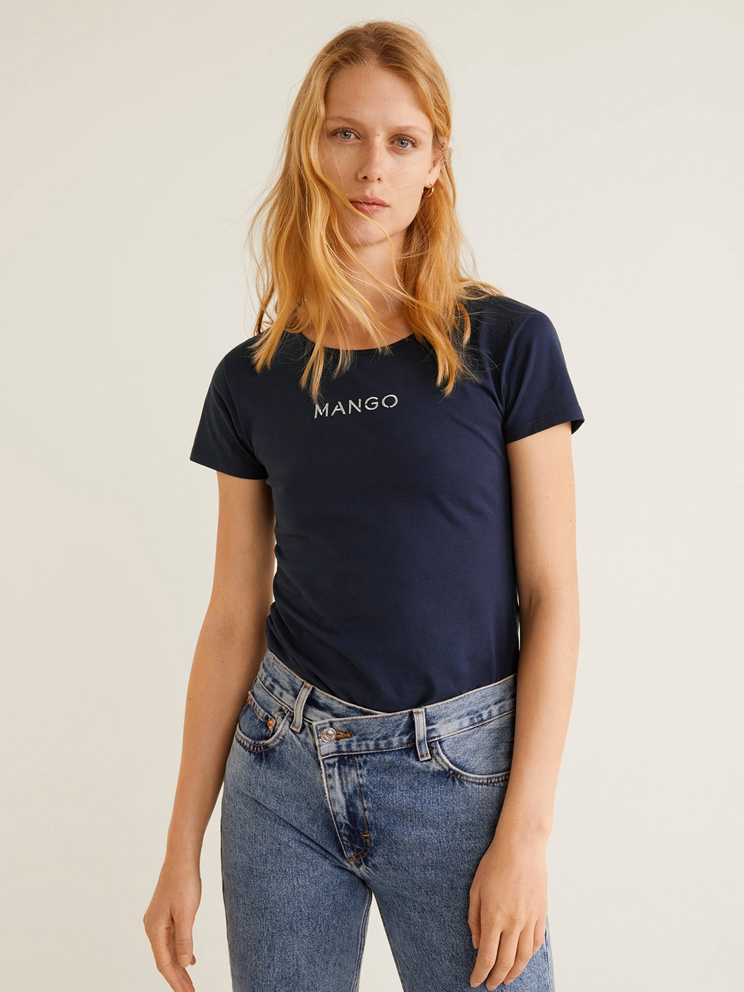 

MANGO Women Navy Blue Solid Round Neck T-shirt