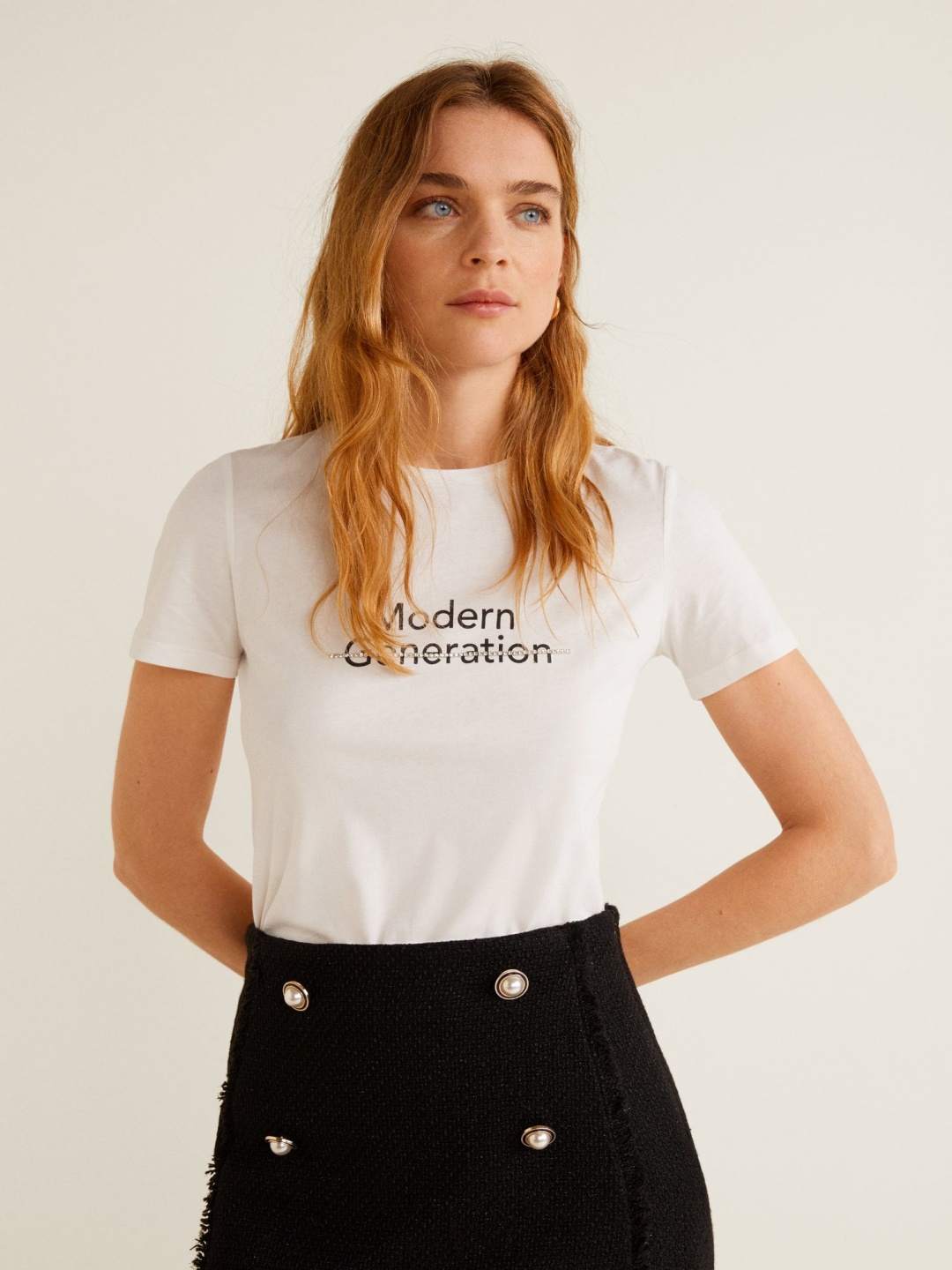 

MANGO Women White Solid Round Neck Pure Cotton T-shirt with Printed Detail