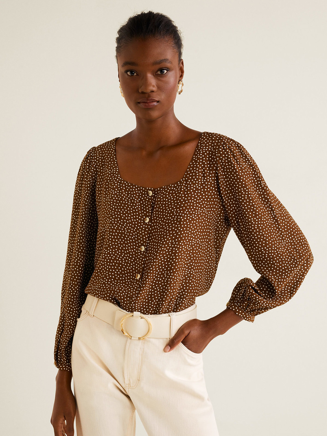 

MANGO Women Brown & White Printed Top