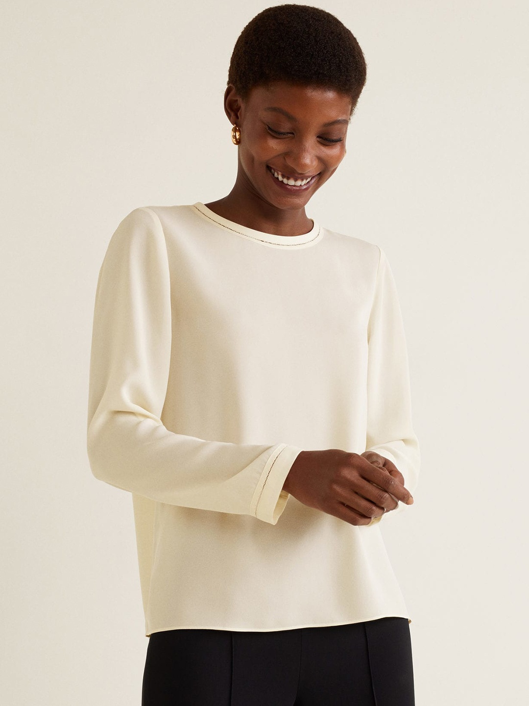 

MANGO Women Cream-Coloured Solid Top