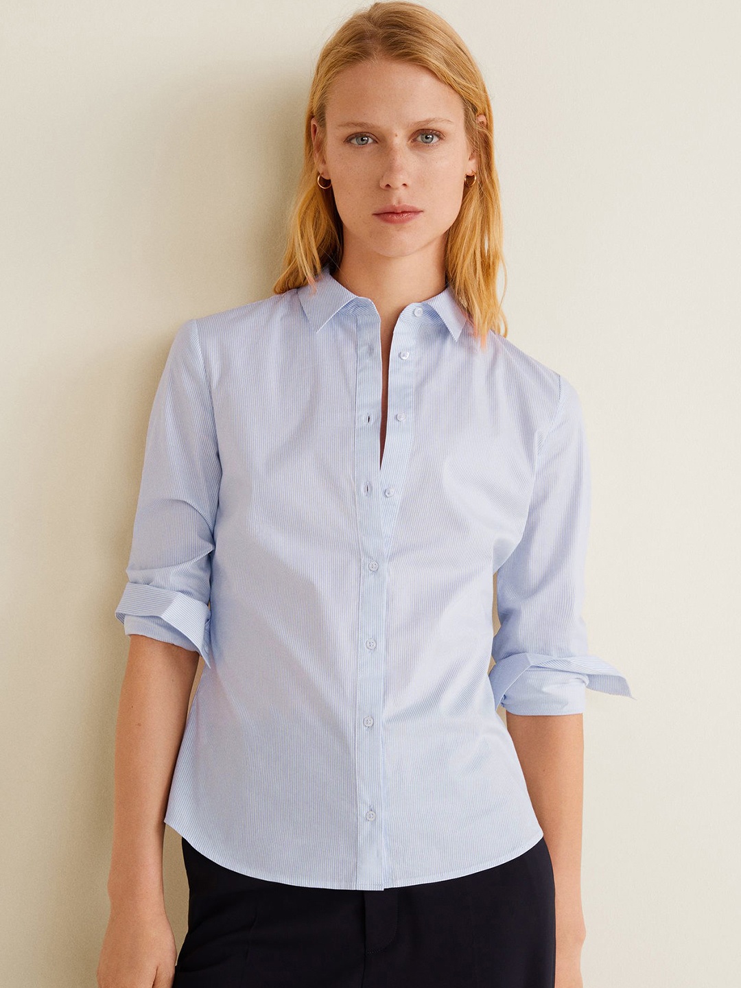 

MANGO Women Blue & White Regular Fit Striped Casual Shirt