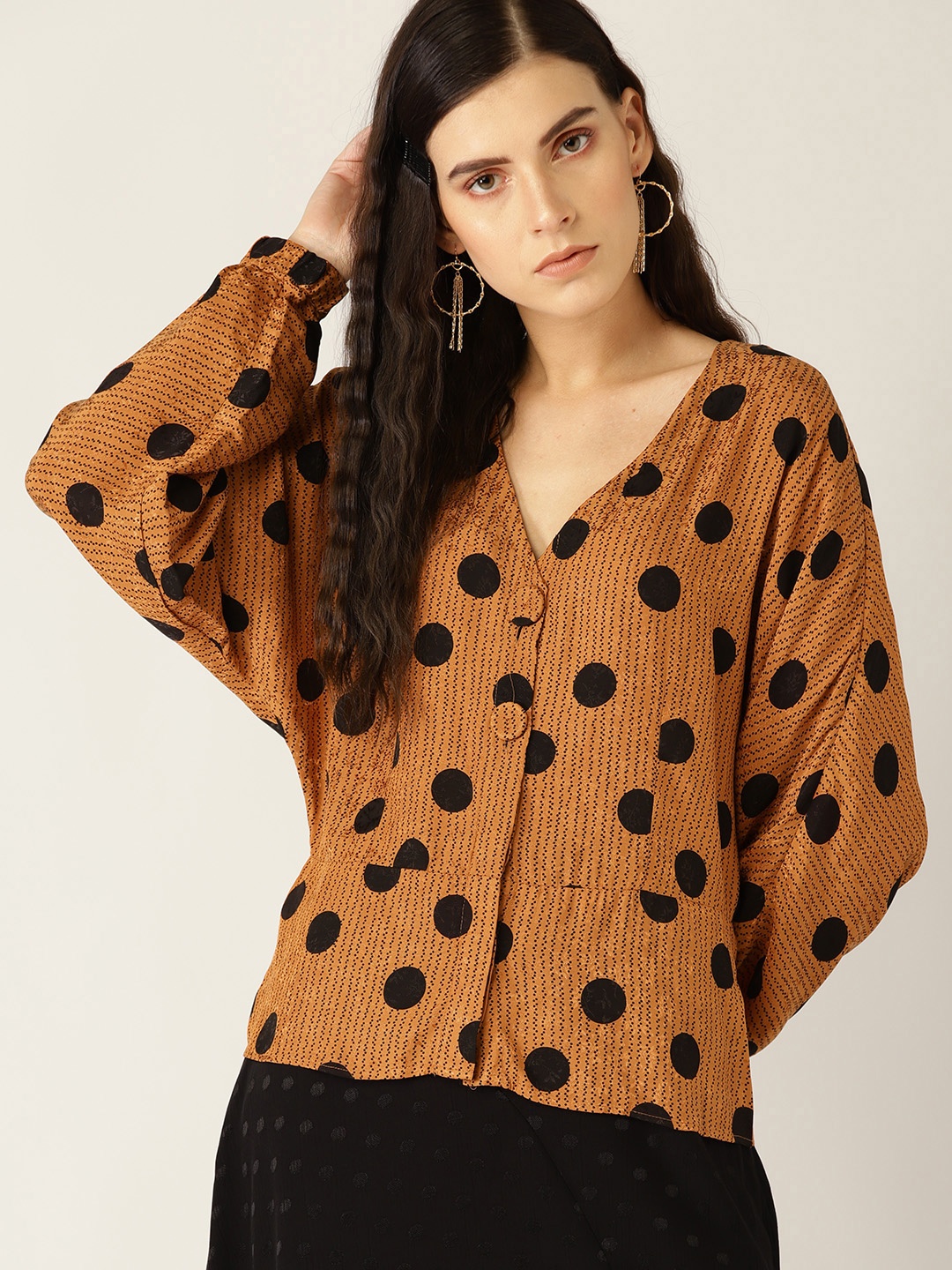 

MANGO Women Mustard Brown & Black Polka Dot Print Top