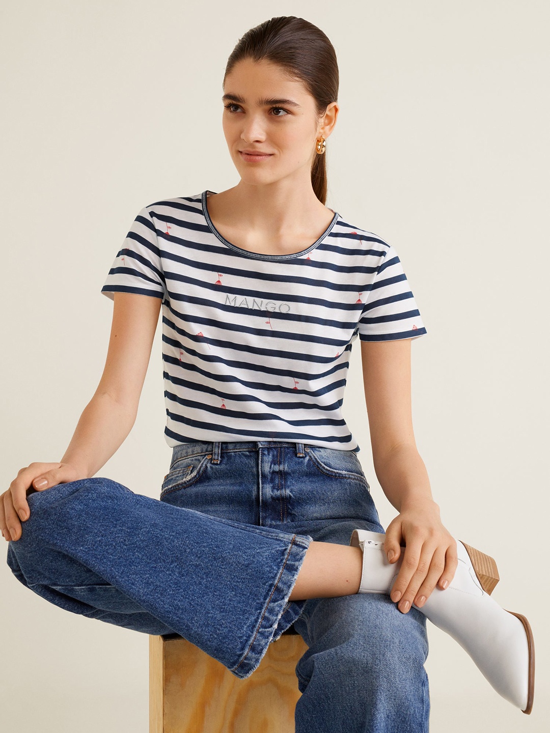 

MANGO Women White & Navy Striped Round Neck T-shirt