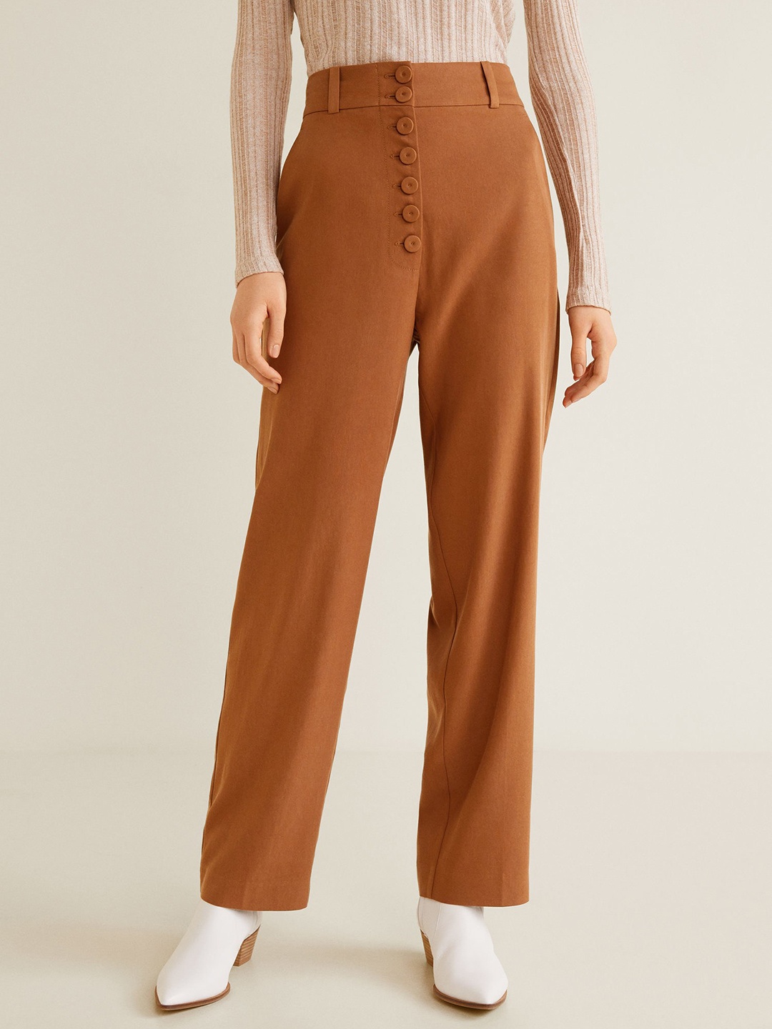 

MANGO Women Brown Regular Fit Solid Parallel Trousers