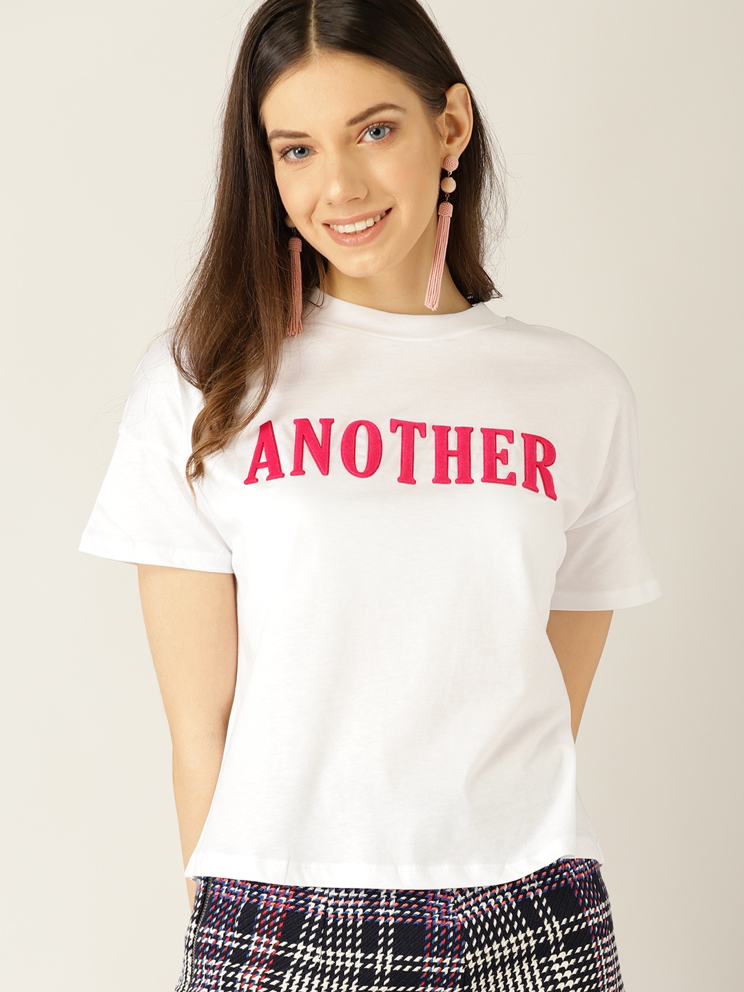 

MANGO Women White Printed Round Neck T-shirt