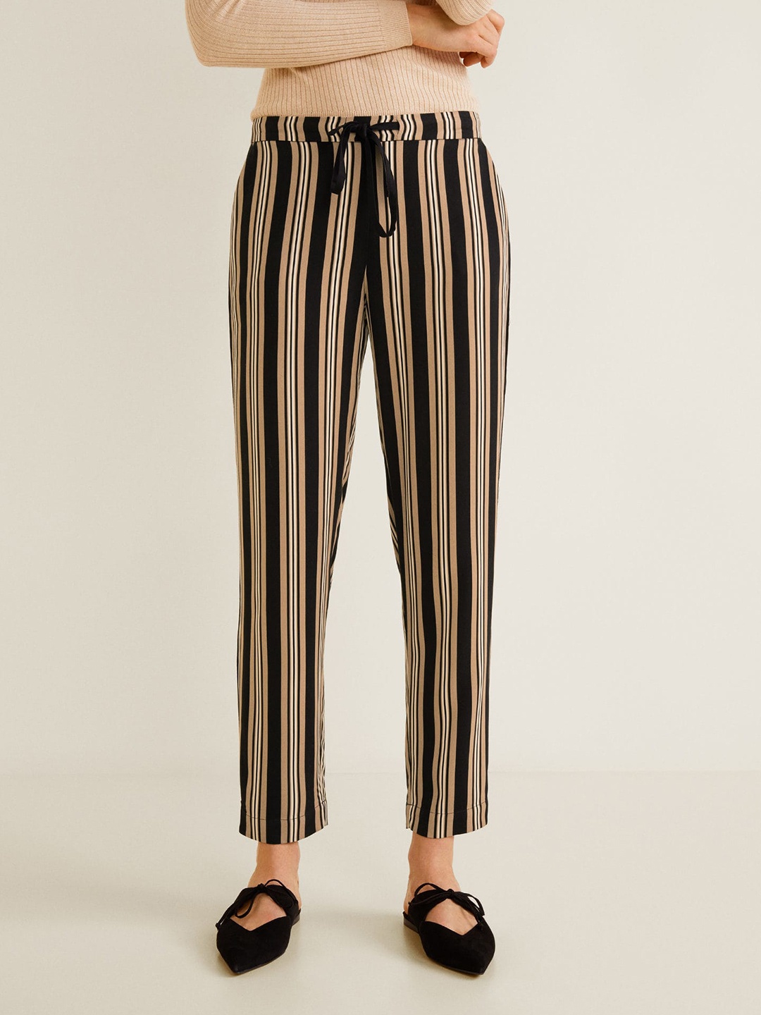 

MANGO Women Beige & Black Regular Fit Striped Trousers