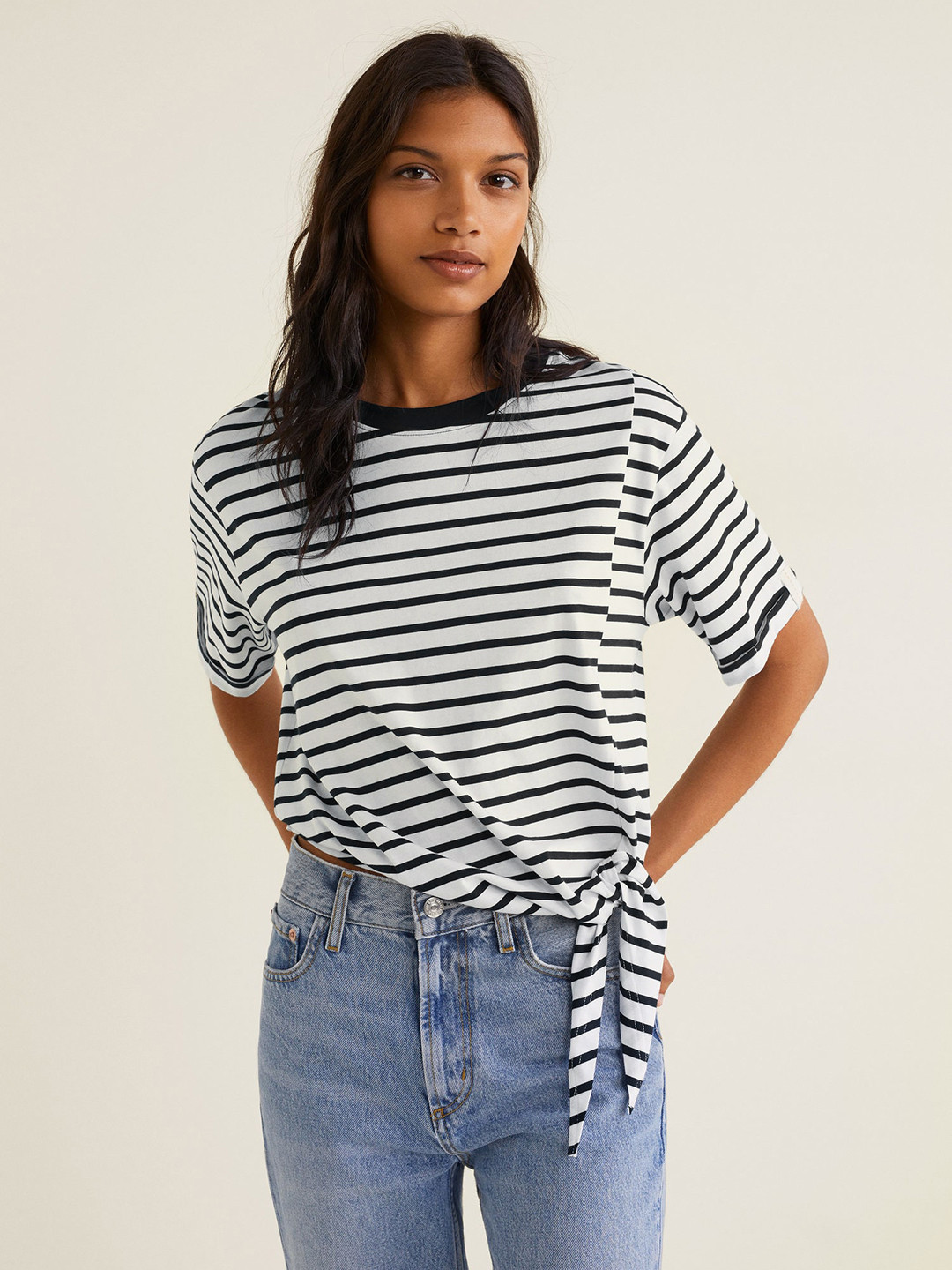 

MANGO Women White & Black Striped Pure Cotton Top