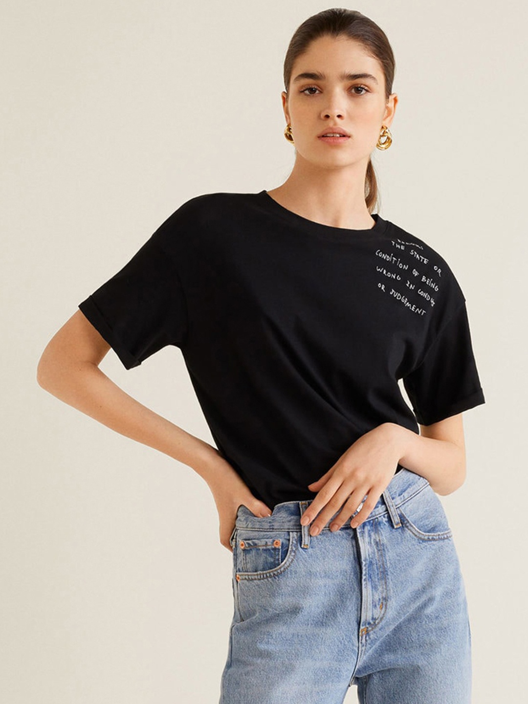 

MANGO Women Black Solid Round Neck T-shirt