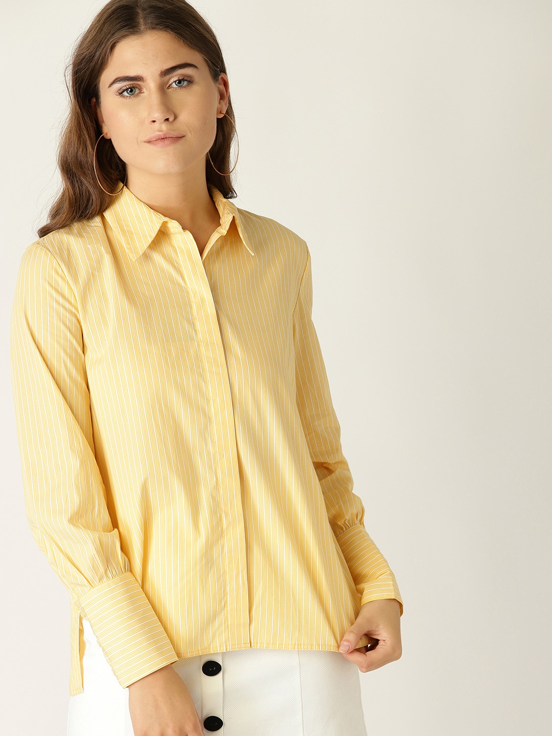 

MANGO Women Yellow & White Regular Fit Striped Casual Shirt