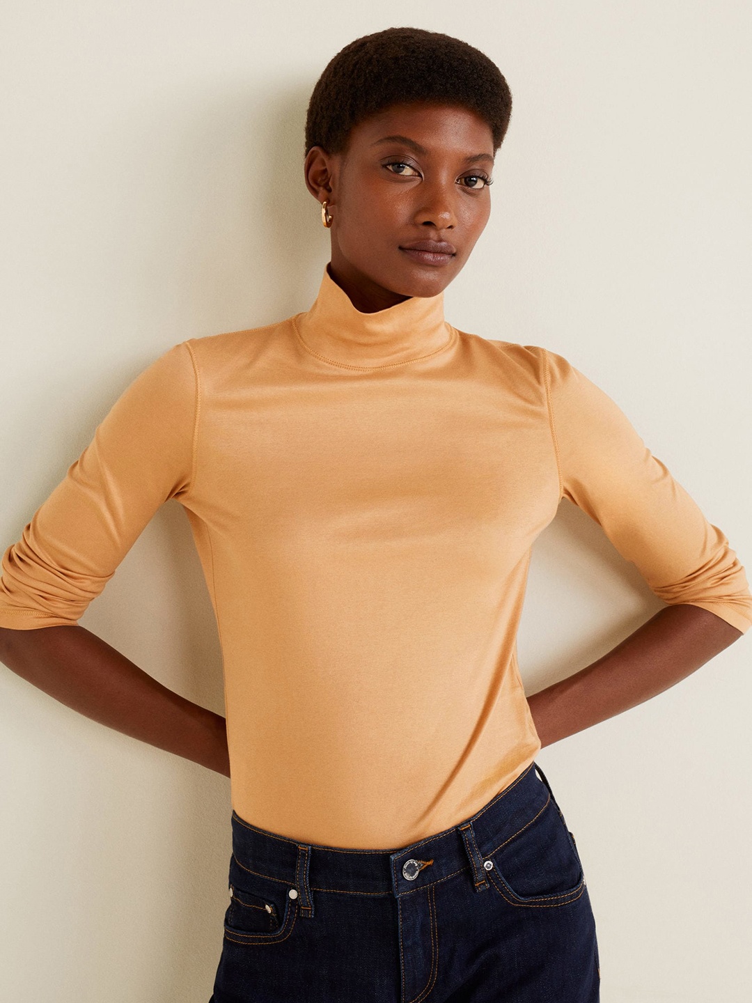 

MANGO Women Beige Solid Pure Cotton Top