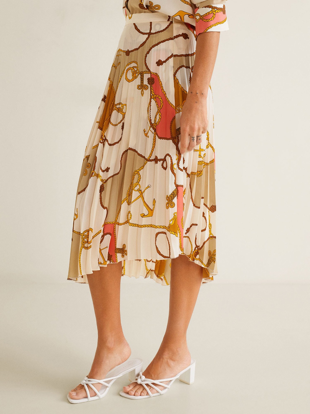 

MANGO Women Off-White Printed Accordion Pleats Midi A-Line Skirt