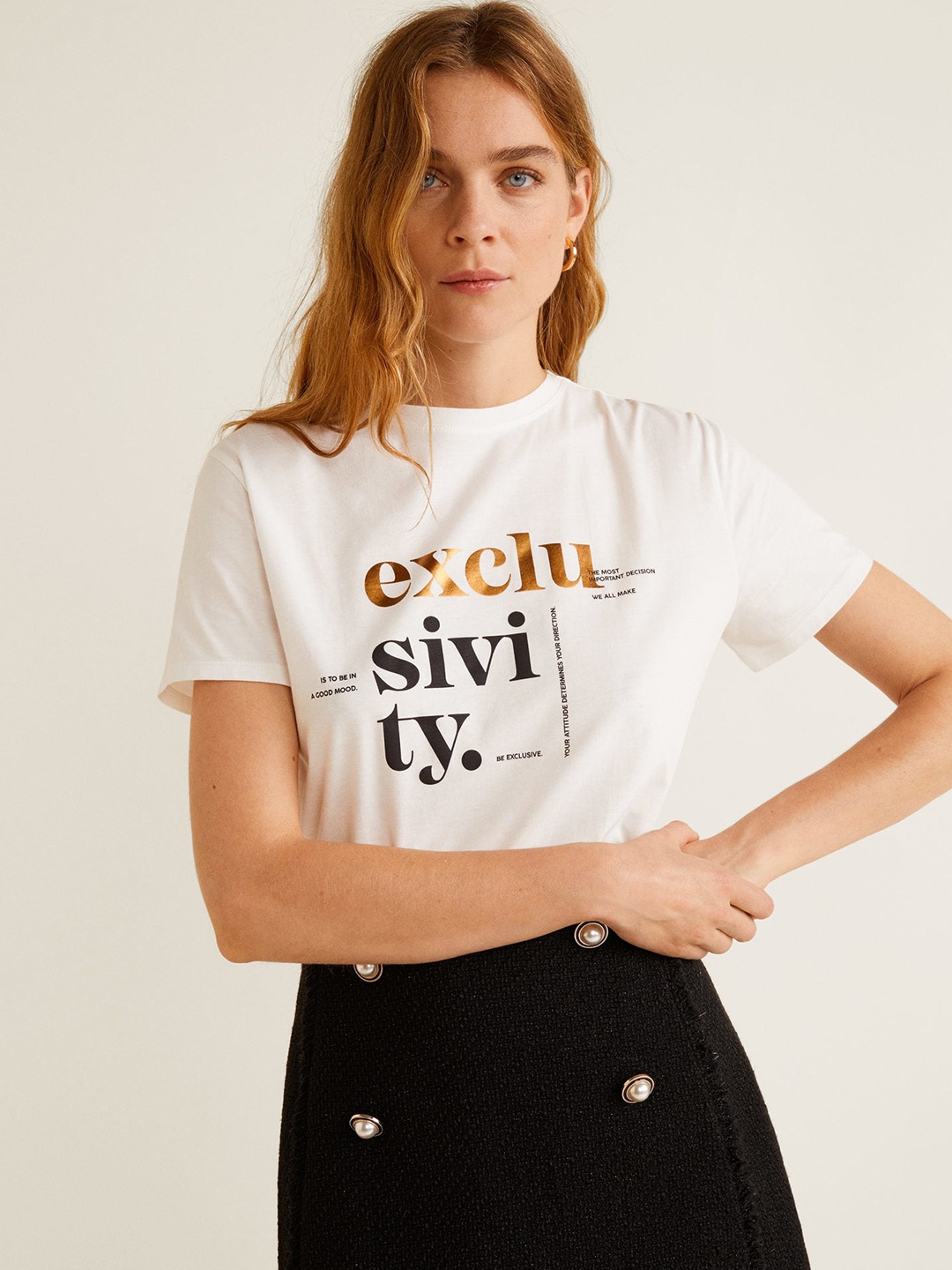 

MANGO Women White Printed Round Neck Pure Cotton T-shirt