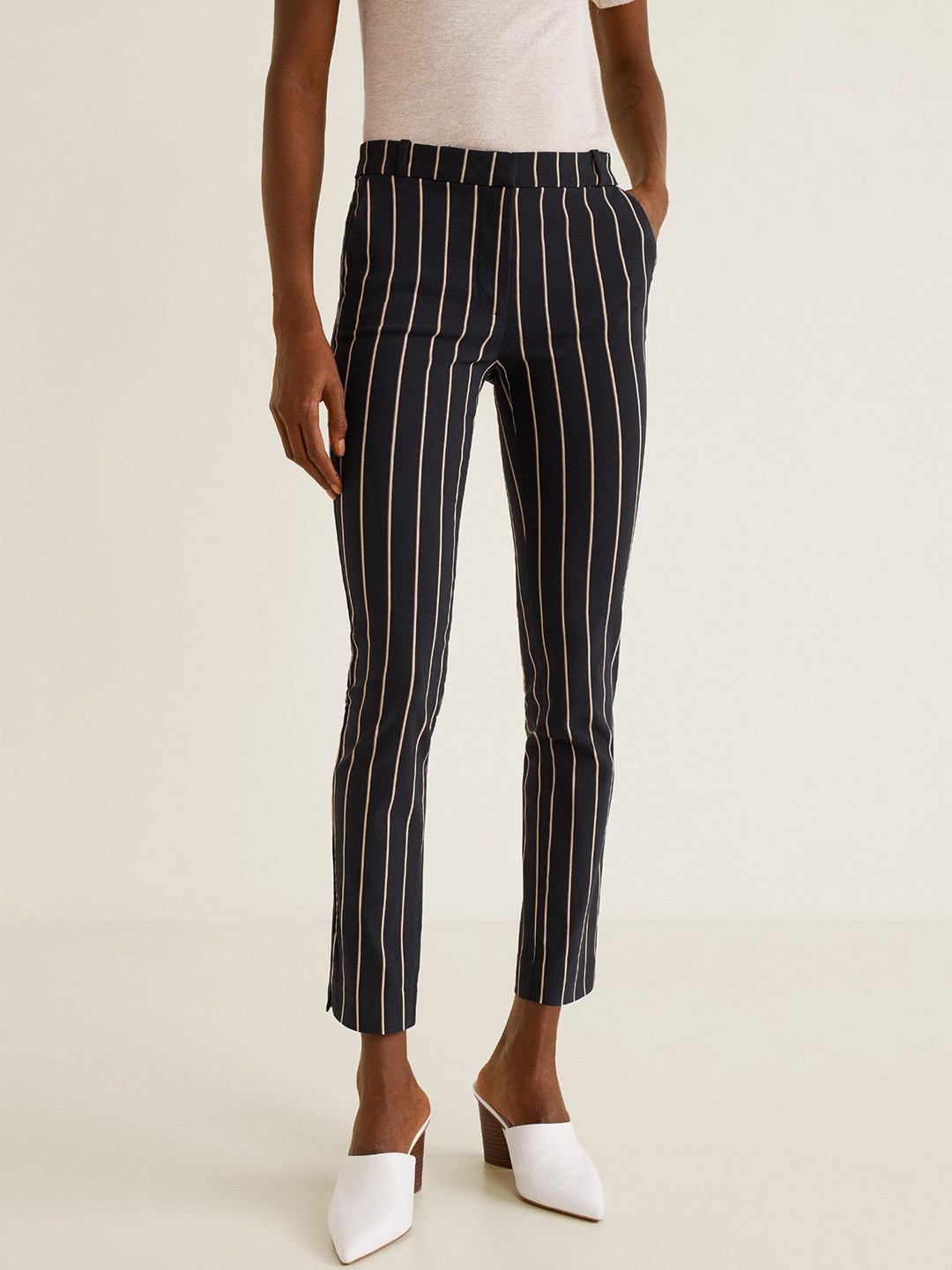 

MANGO Women Black & Beige Regular Fit Striped Cropped Trousers