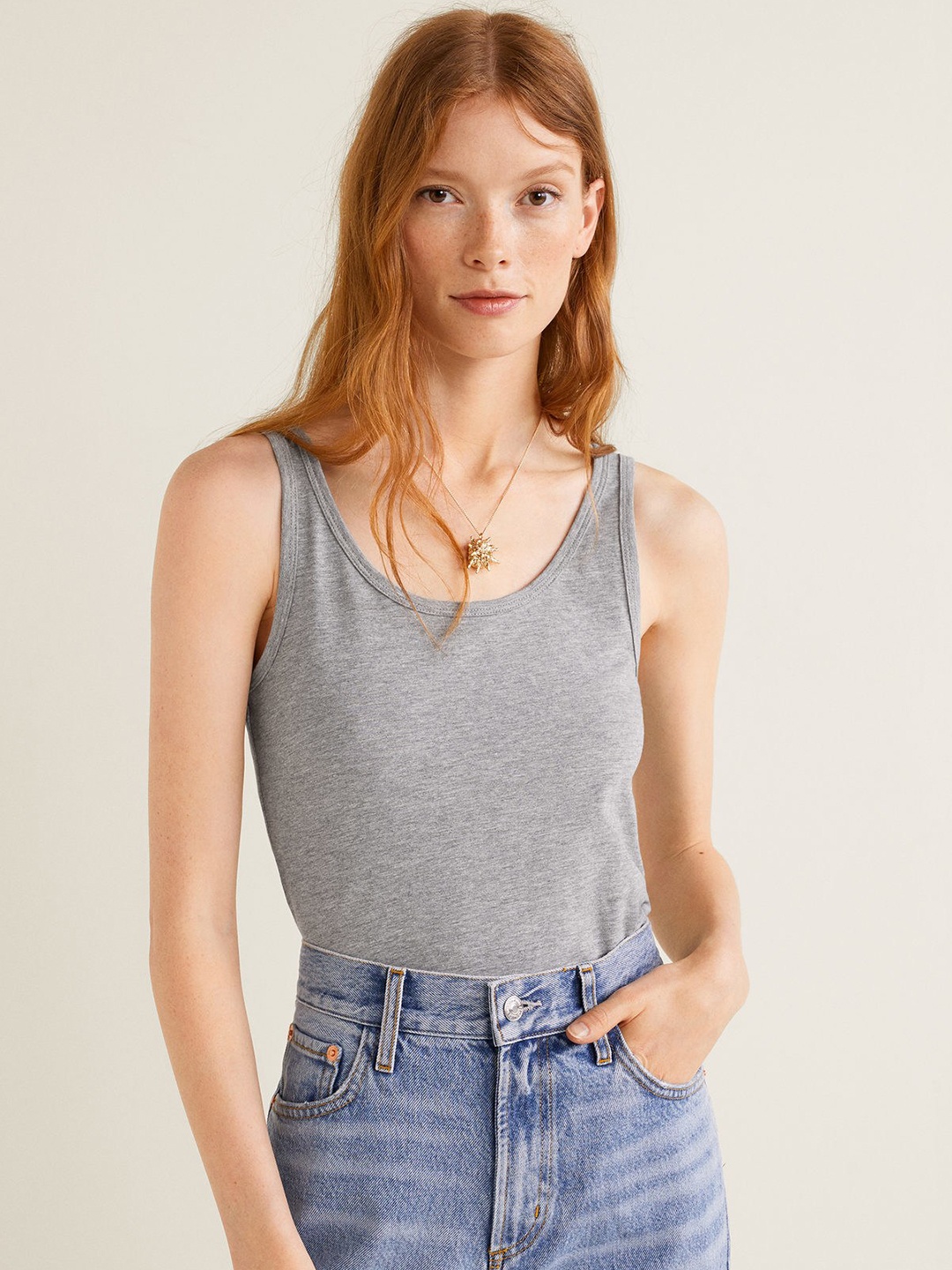 

MANGO Women Grey Melange Solid Top