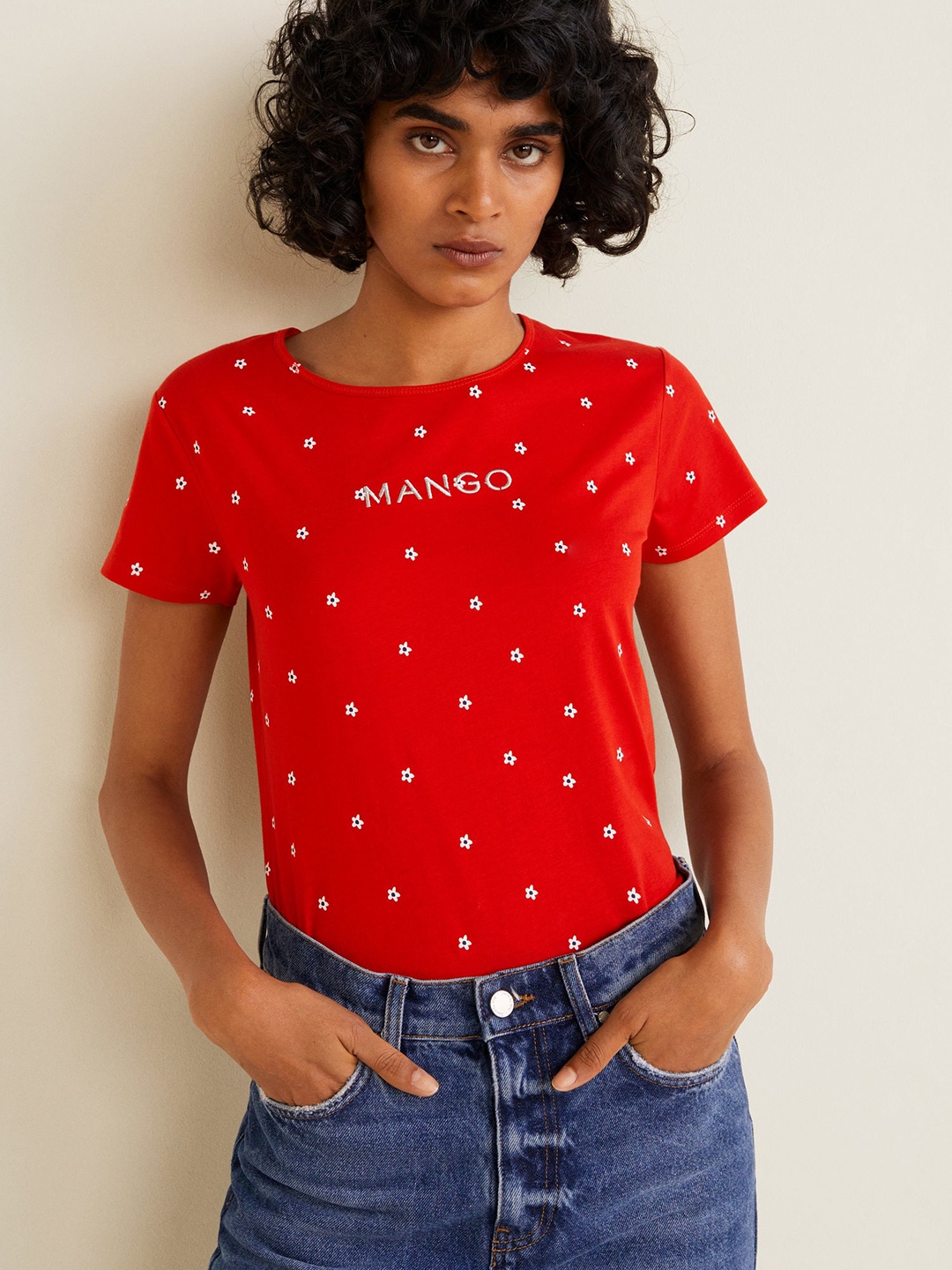 

MANGO Women Red Printed Round Neck T-shirt