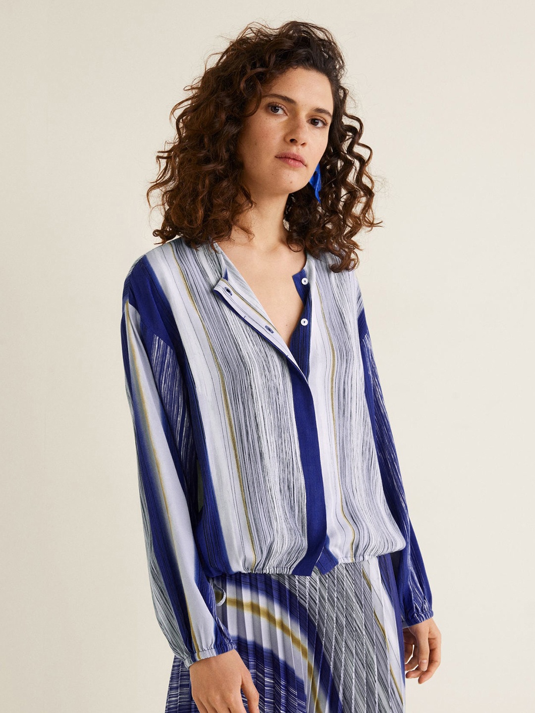 

MANGO Women Blue & White Striped Blouson Top