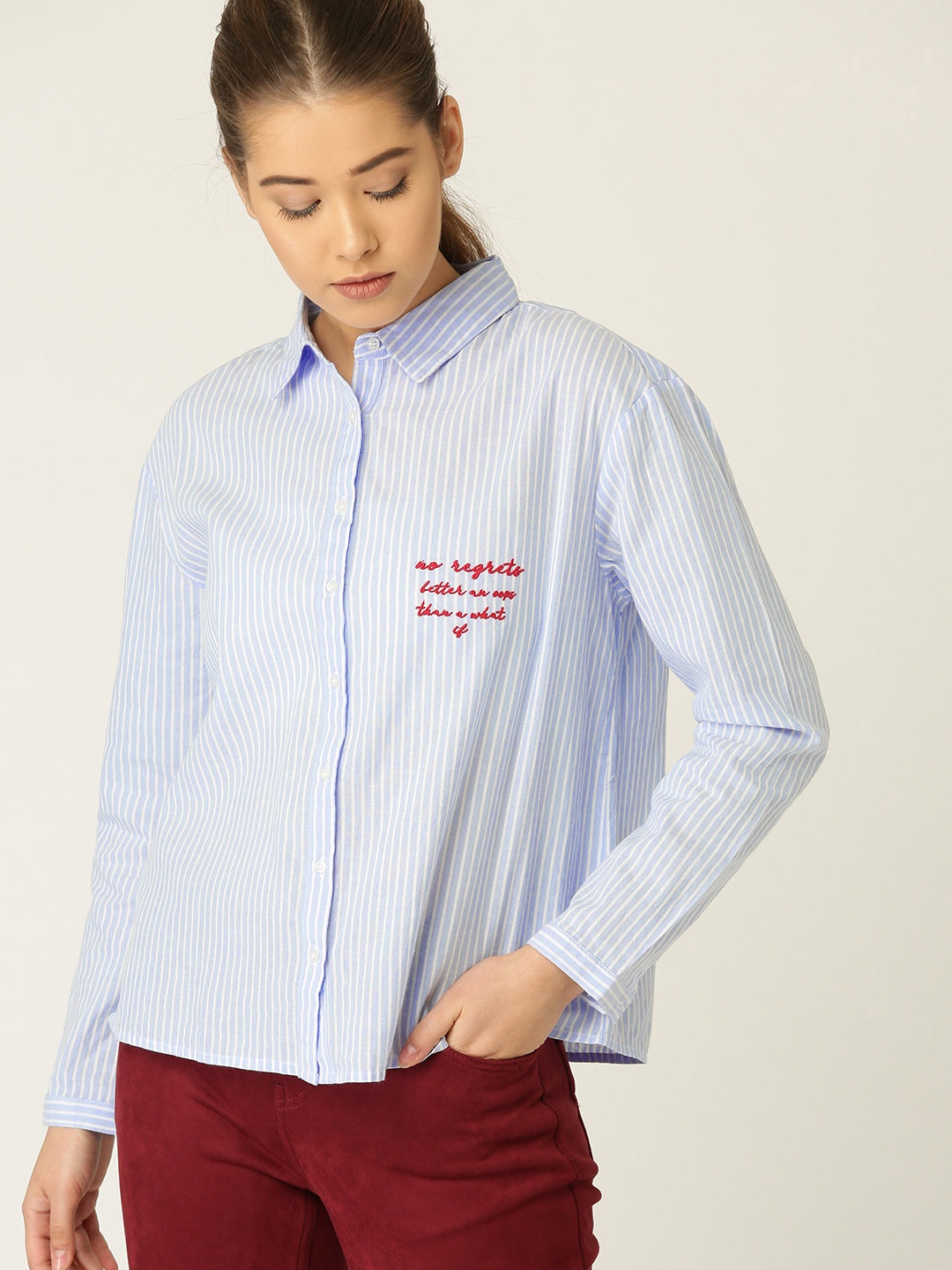 

MANGO Women Blue & White Regular Fit Striped Casual Shirt