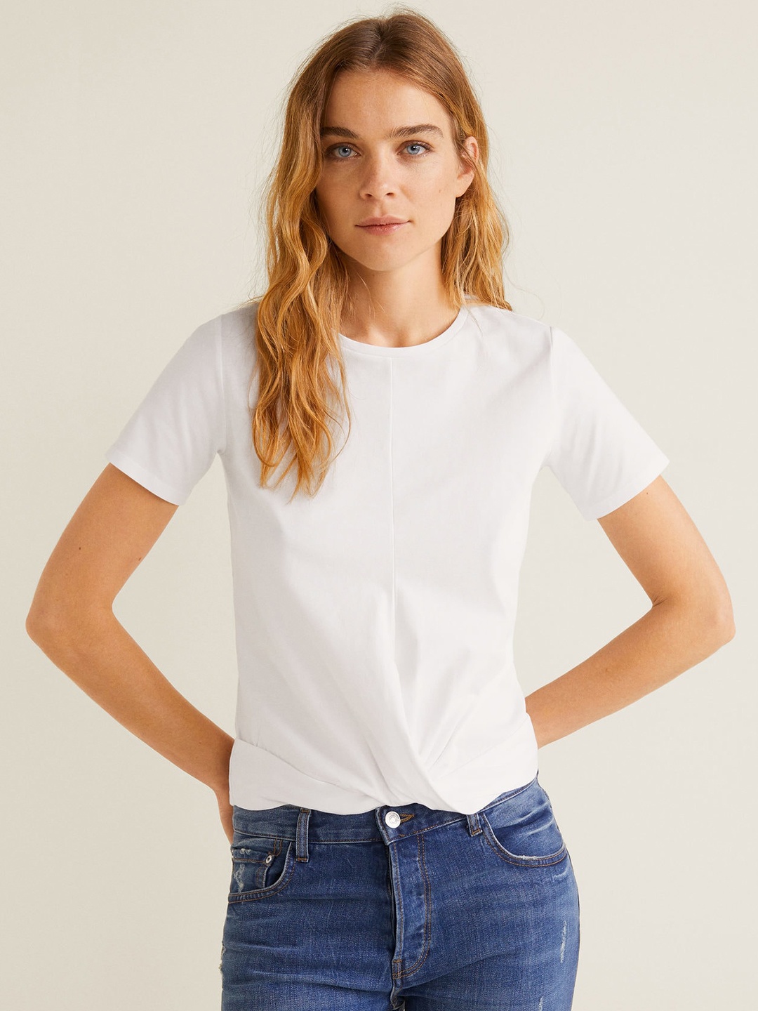 

MANGO Women White Solid Pure Cotton Top