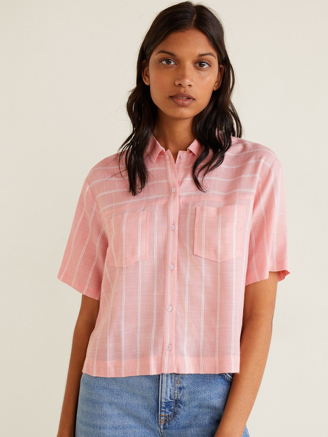 

MANGO Women Pink & White Regular Fit Striped Casual Shirt