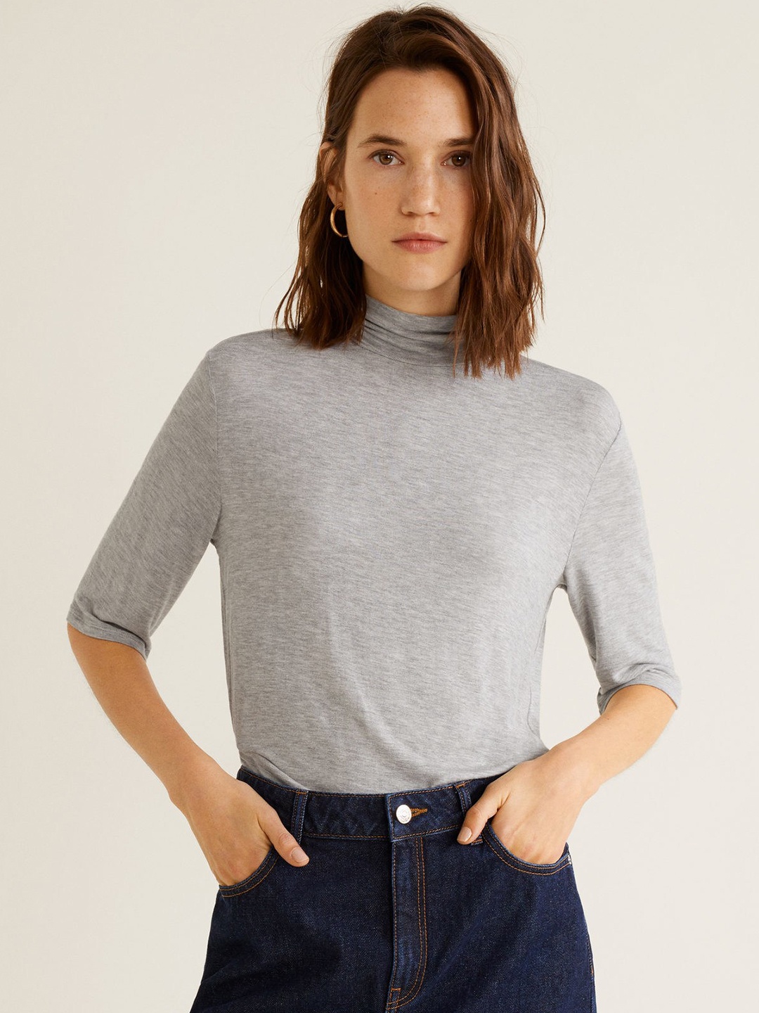 

MANGO Women Grey Melange Solid Top