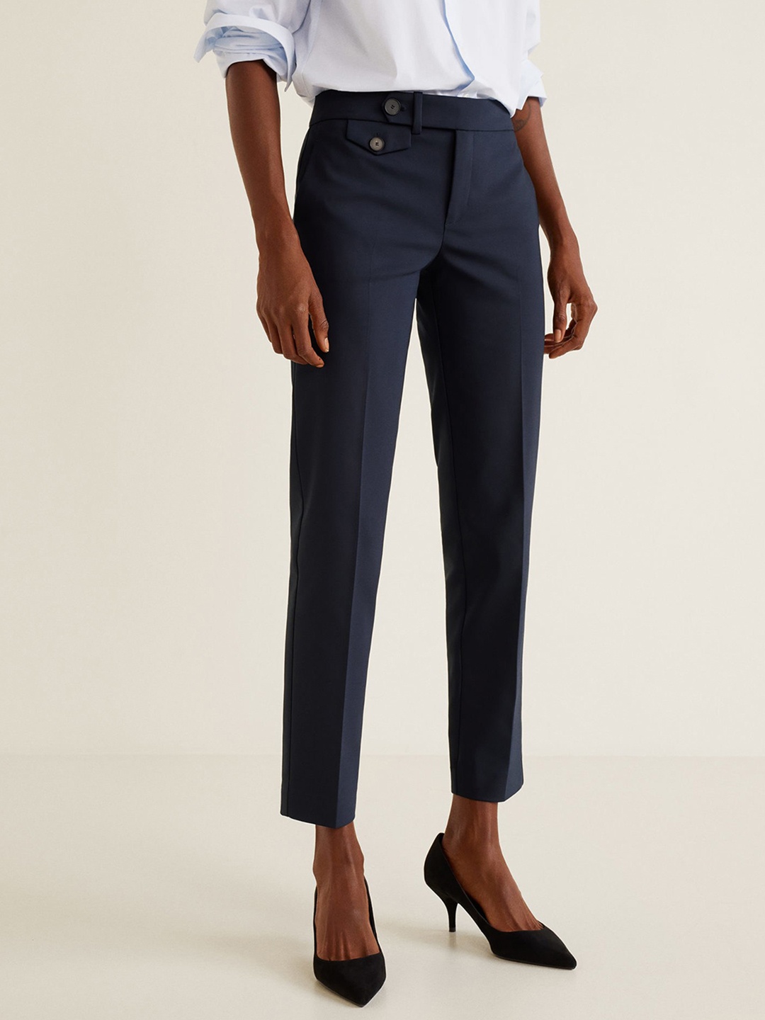 

MANGO Women Navy Blue Regular Fit Solid Cropped Formal Trousers