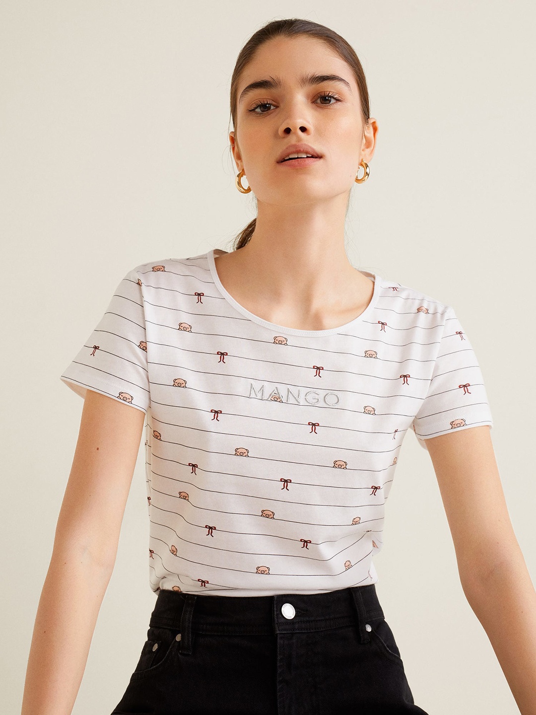

MANGO Women White Black Striped Round Neck Pure Cotton T-shirt