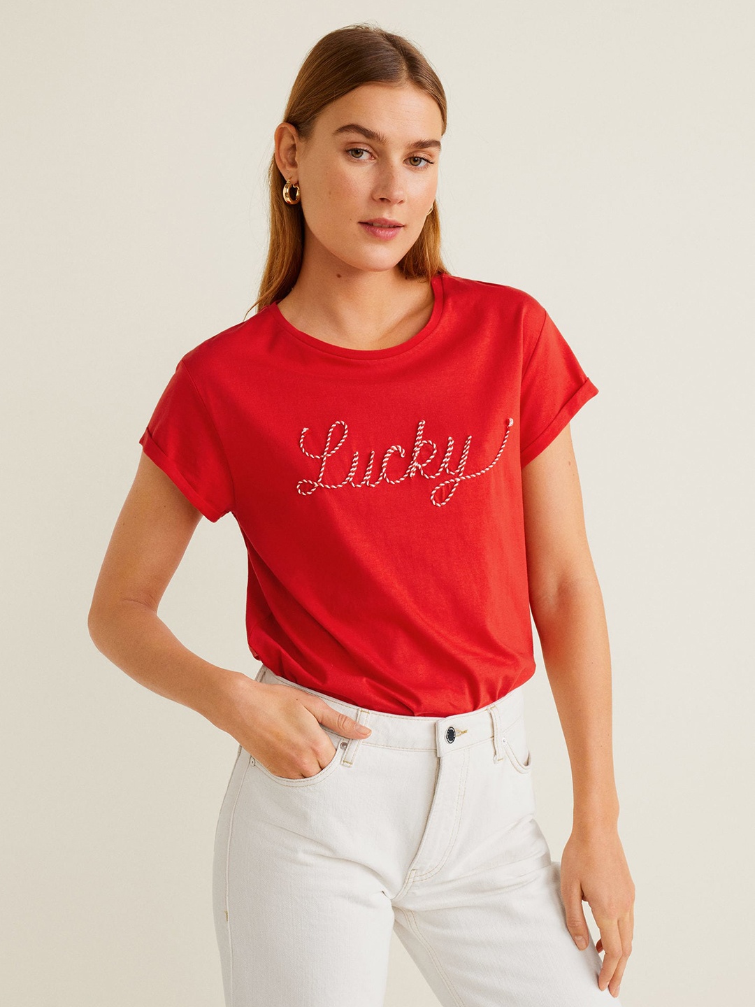 

MANGO Women Red Solid Round Neck T-shirt