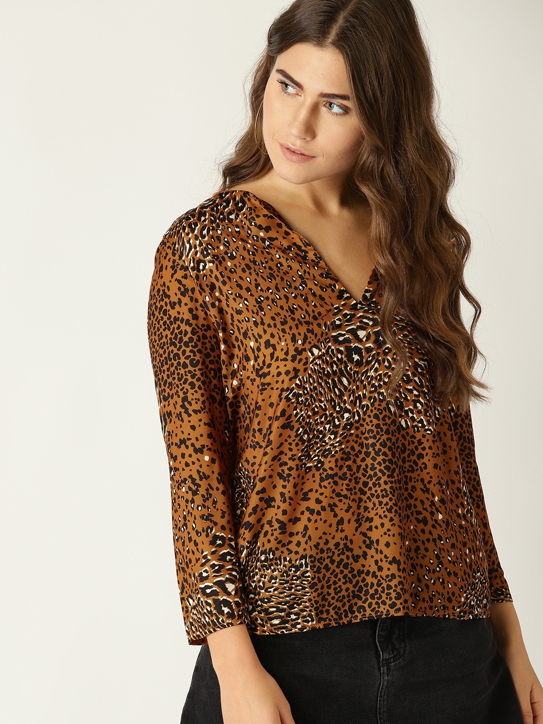 

MANGO Women Mustard Brown & Black Printed Top