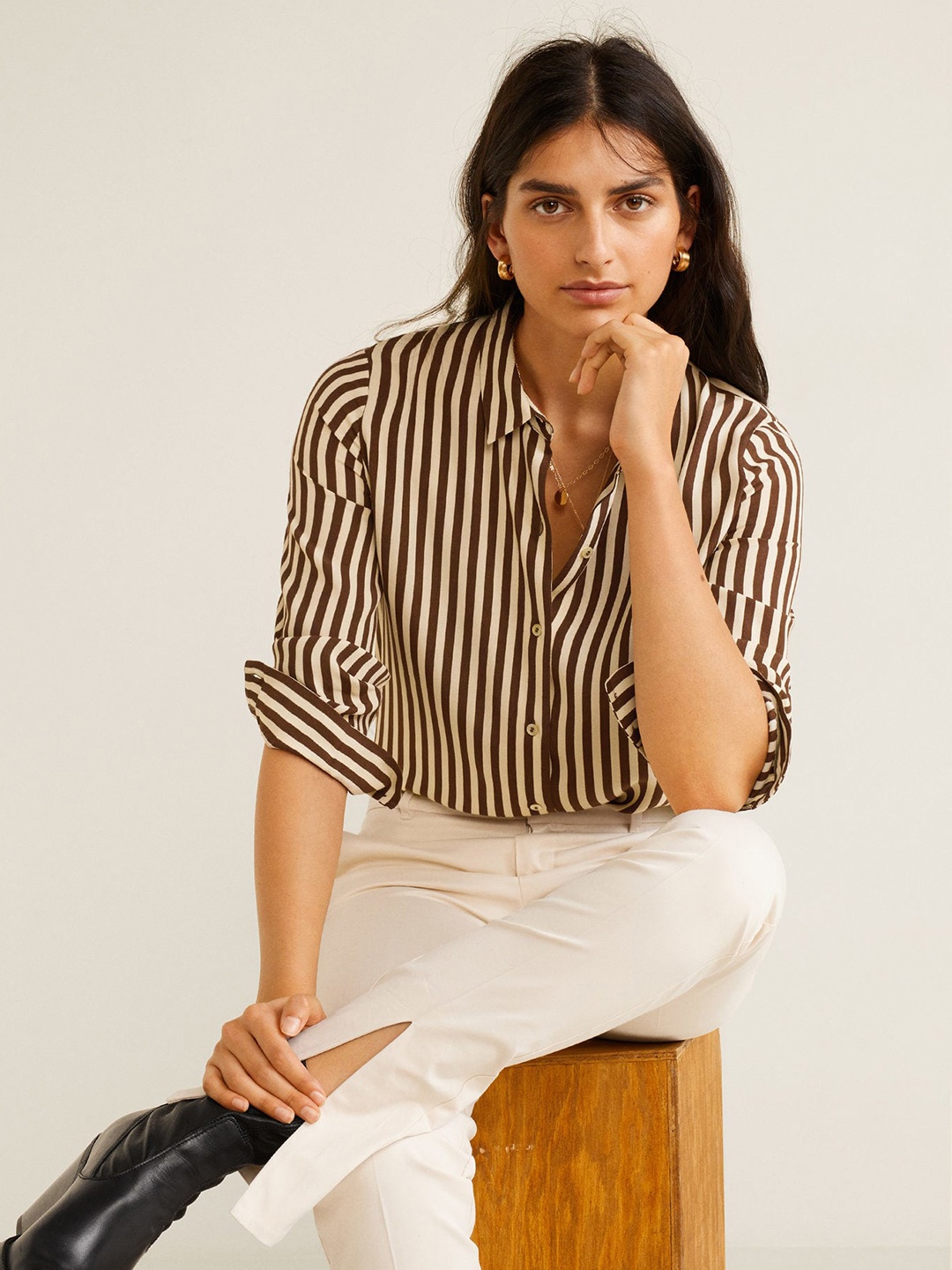 

MANGO Women Brown & Beige Regular Fit Striped Casual Shirt