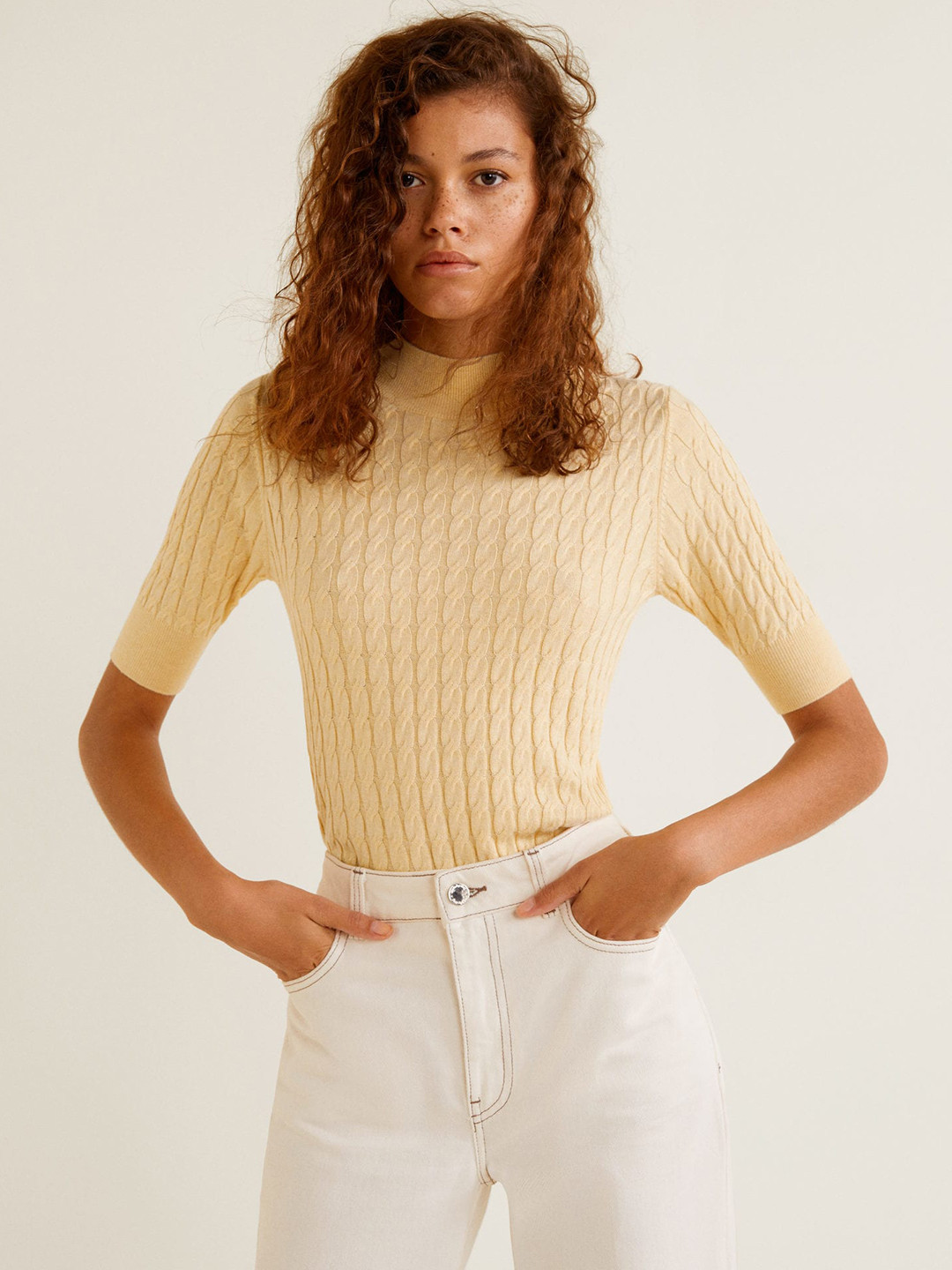 

MANGO Women Yellow Self Design Sweater