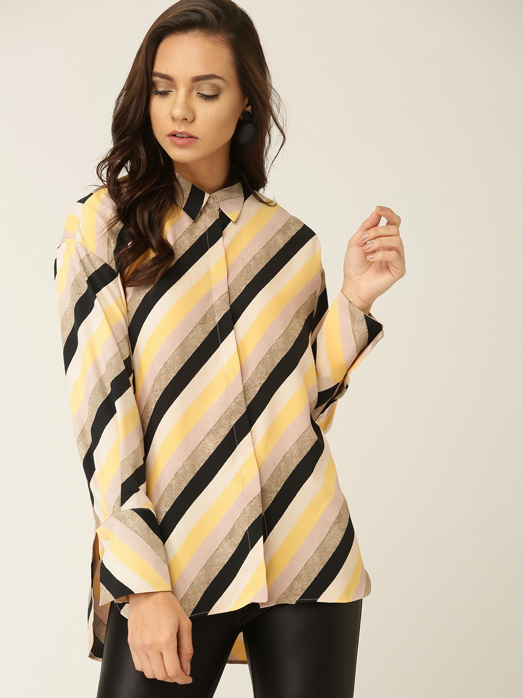 

MANGO Women Yellow & Navy Blue Regular Fit Striped Casual Shirt
