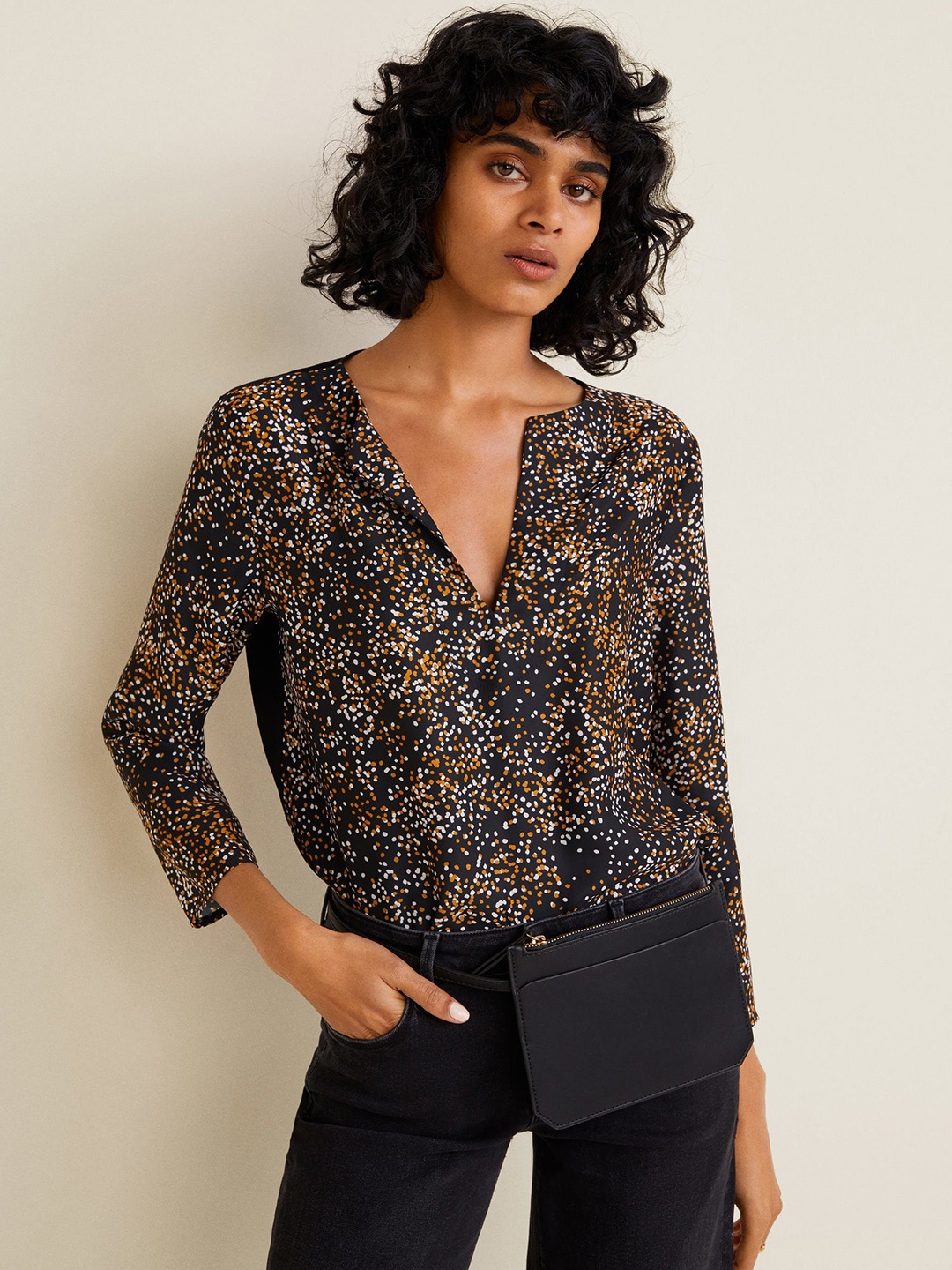 

MANGO Women Black & Mustard Yellow Printed Top