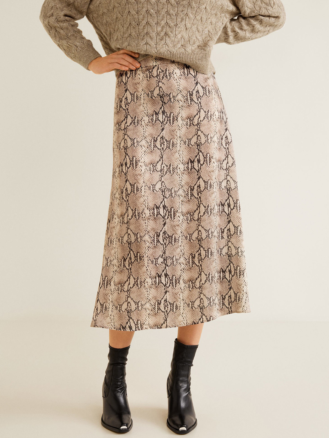 

MANGO Women Beige & Black Animal Print A-line Skirt