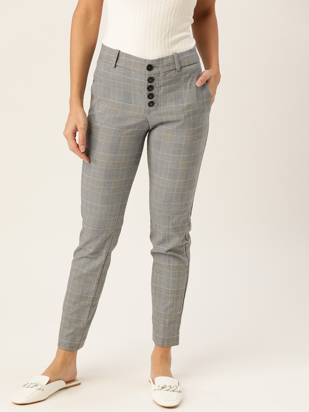 

MANGO Women Grey Straight Fit Checked Cropped Trousers