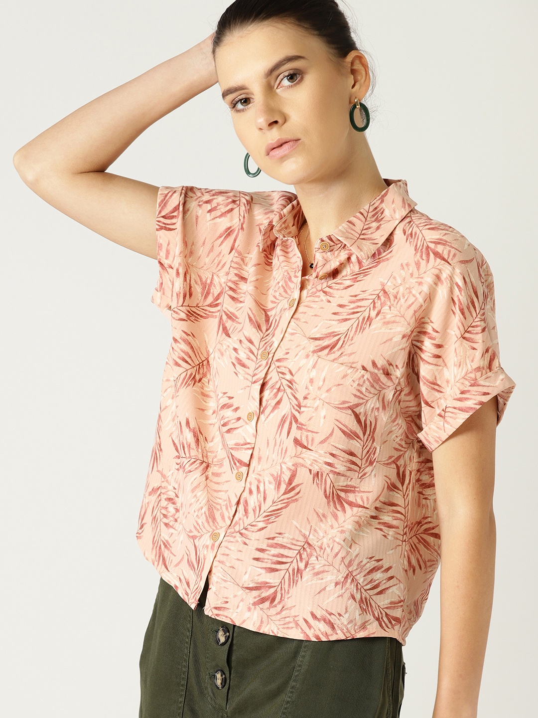 

MANGO Women Peach-Coloured & Rust Brown Regular Fit Printed Casual Shirt