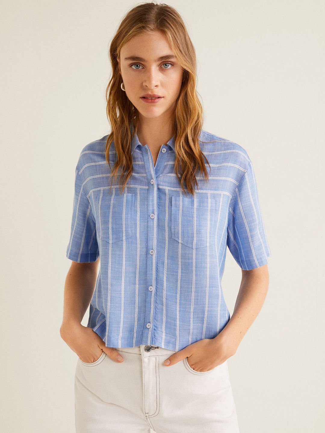 

MANGO Women Blue & White Regular Fit Striped Casual Shirt