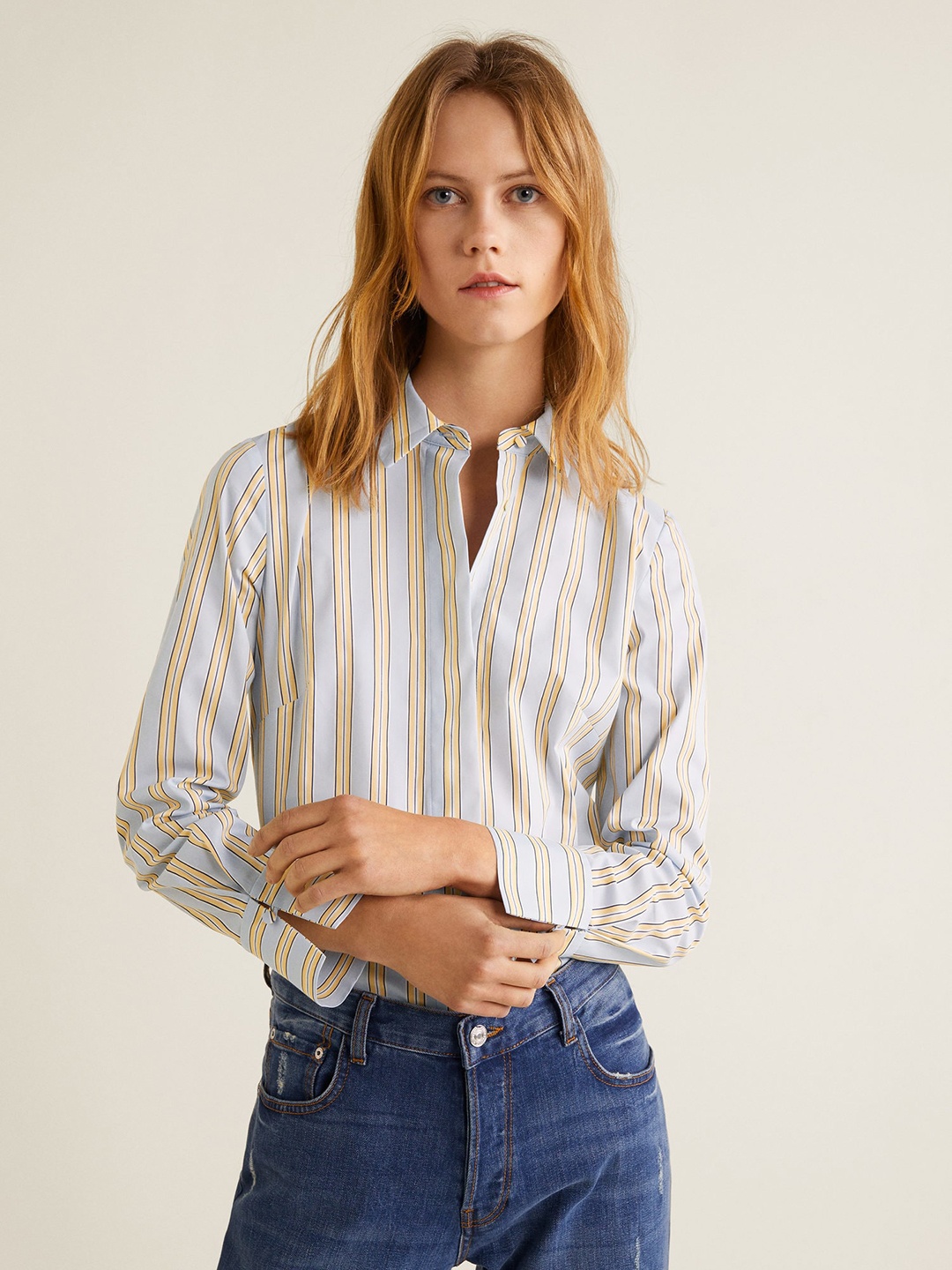 

MANGO Women Blue & Yellow Regular Fit Striped Casual Shirt