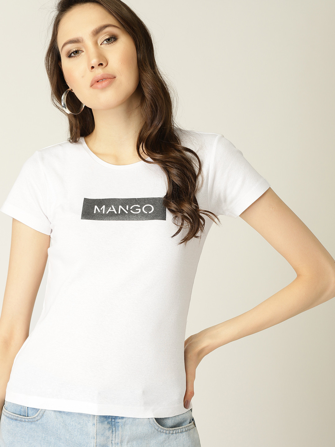 

MANGO Women White Printed Round Neck T-shirt