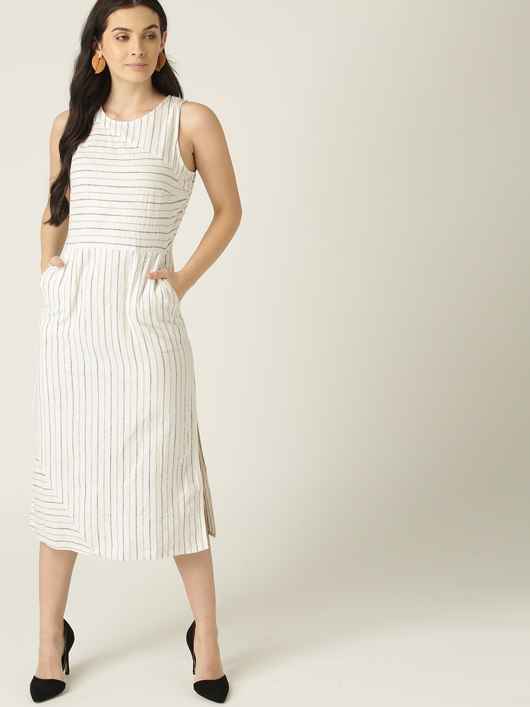 

MANGO Women Off-White & Navy Blue Striped Sheath Dress